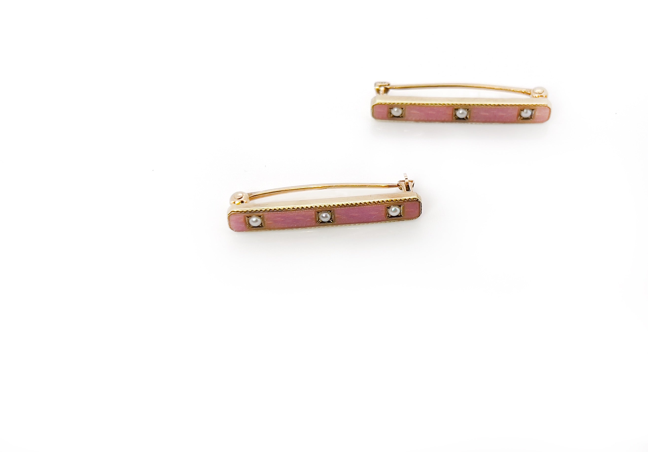 Antique Pink Guilloche Lingerie Pin, Seed Pearls, 14K