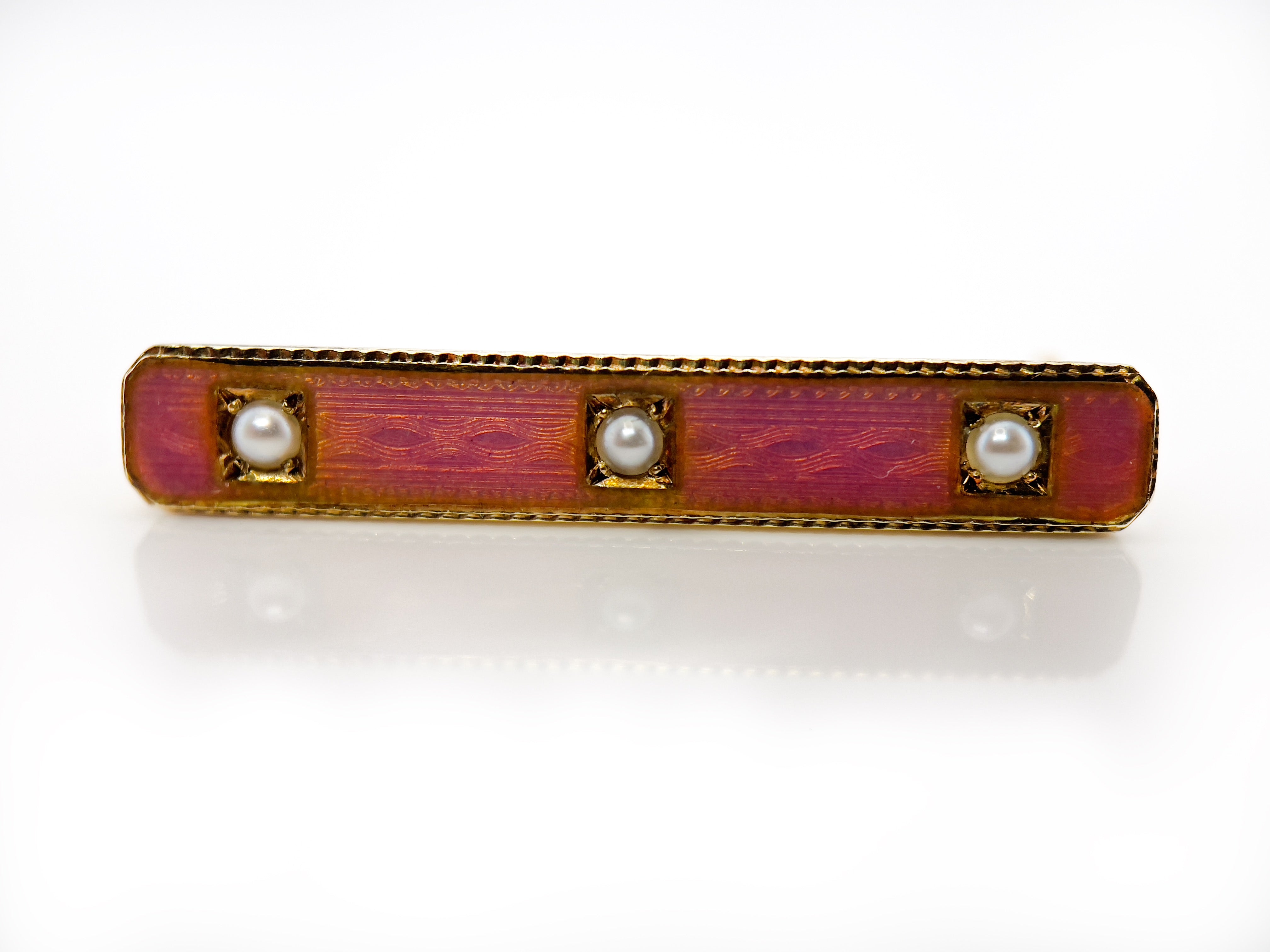 Antique Pink Guilloche Lingerie Pin, Seed Pearls, 14K
