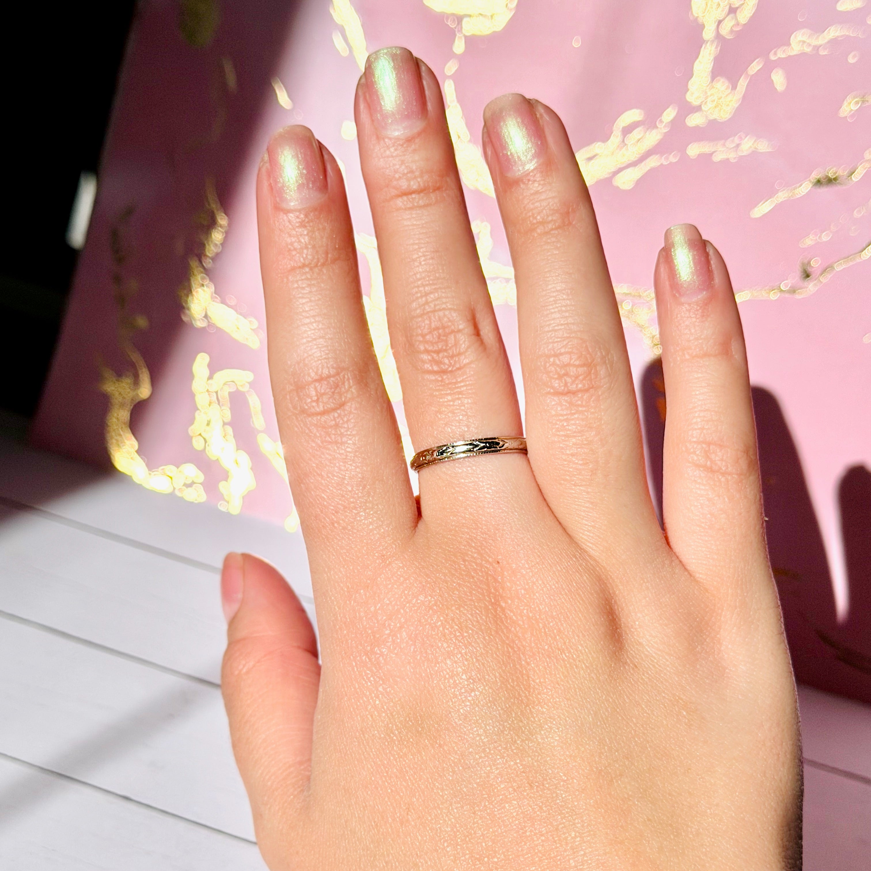 Art Deco JR Wood Engraved Band, 5-20-26, Size 7.25