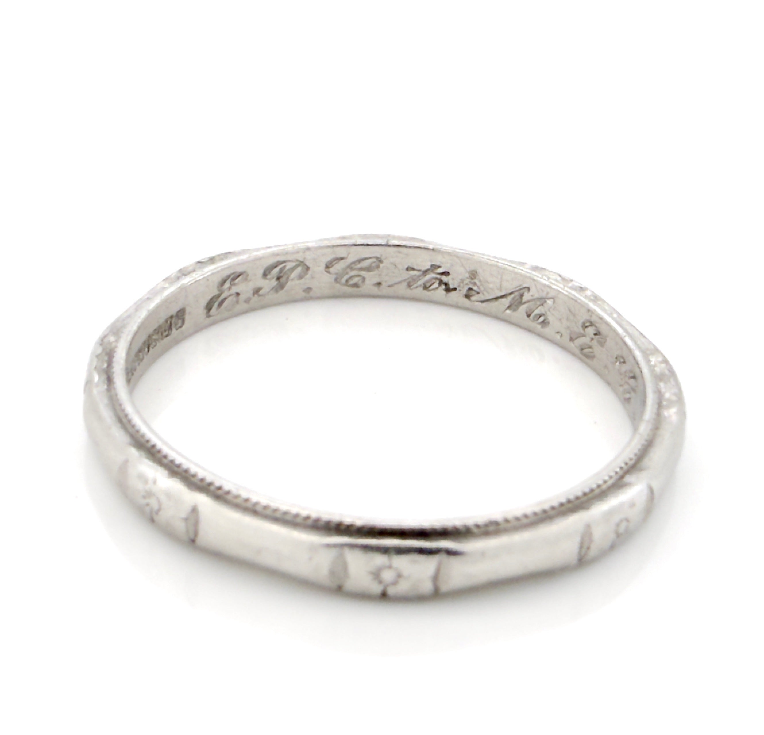 Antique Art Deco Platinum Engraved Orange Blossom Band, Feb. 20,1925, Size 6.25