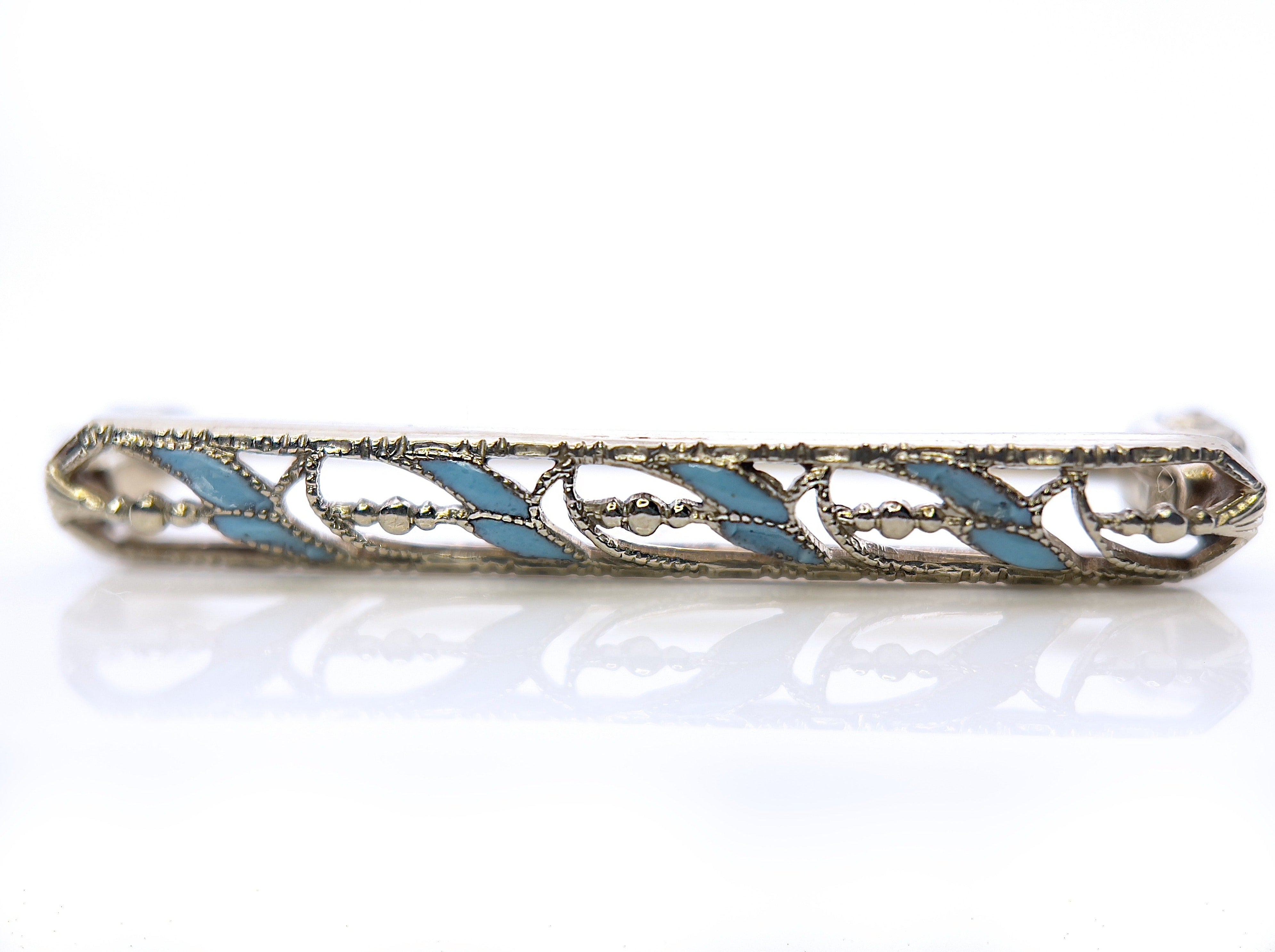 Vintage Blue Enamel & White Gold Lingerie Pin, 14K