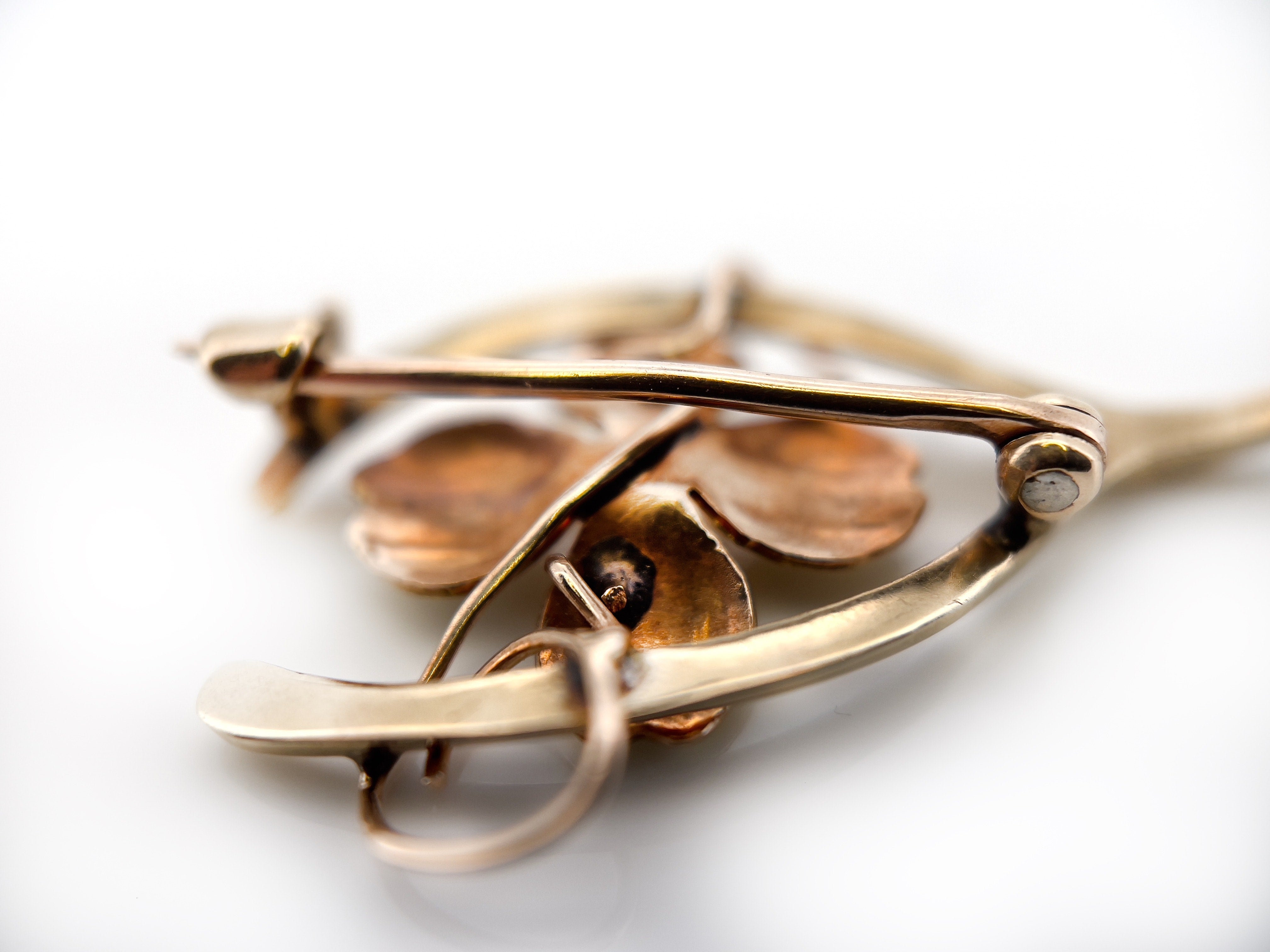 Antique Wishbone & Four Leaf Clover Brooch, 10K