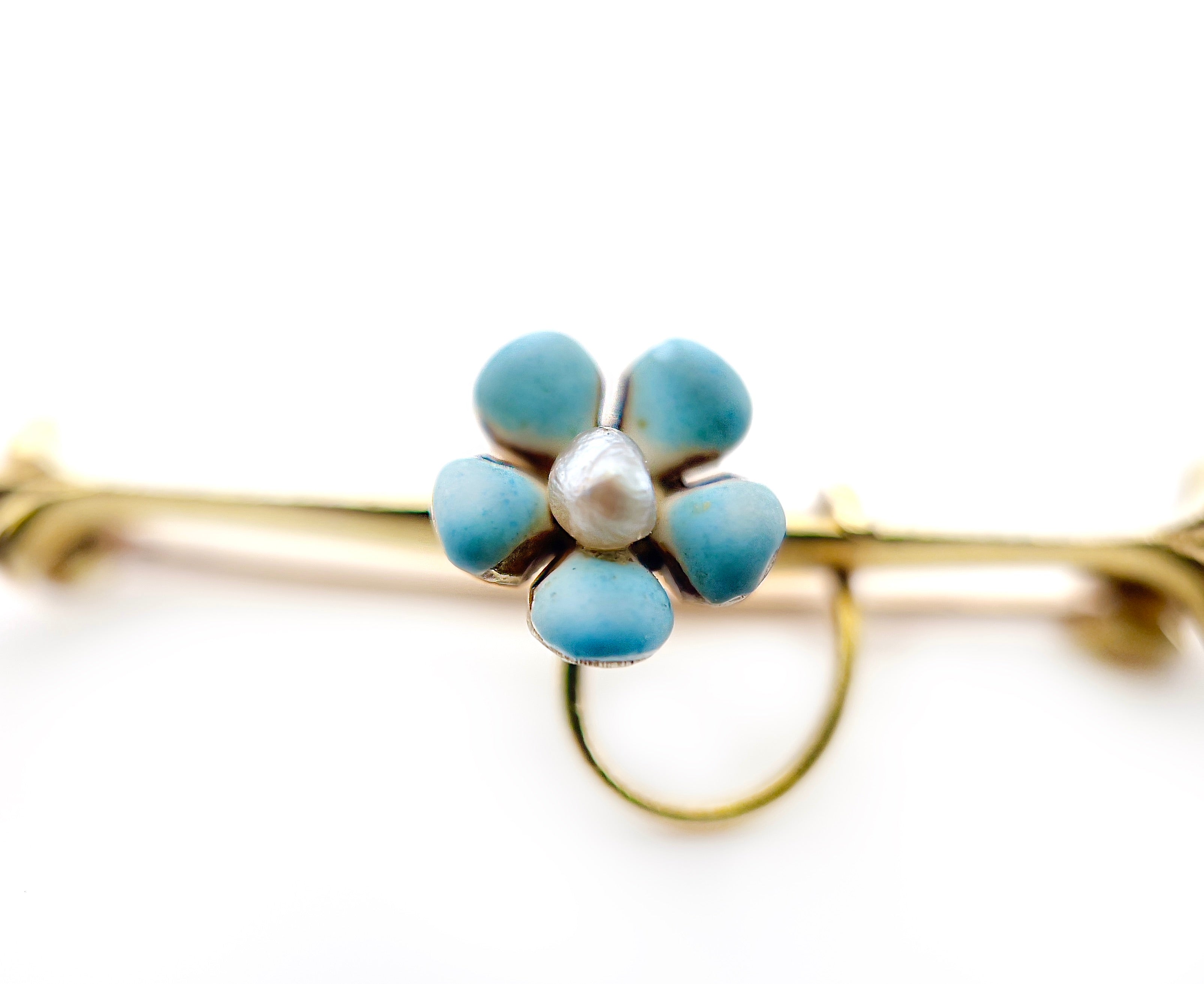 Antique Forget Me Not, Blue Enamel Flower Brooch, 10K