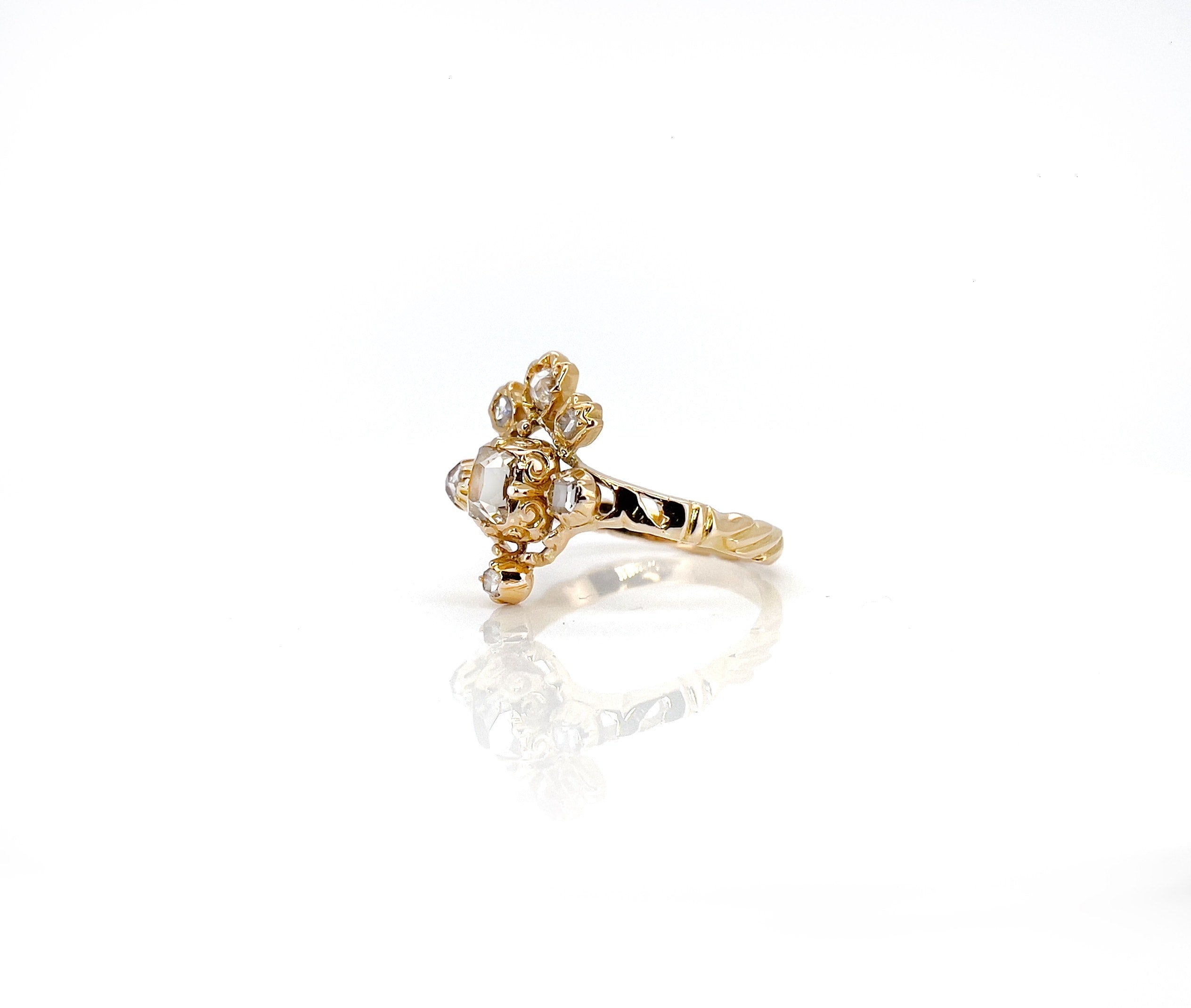 Victorian 14K Diamond Tiara Ring, Renaissance Revival, Size 10