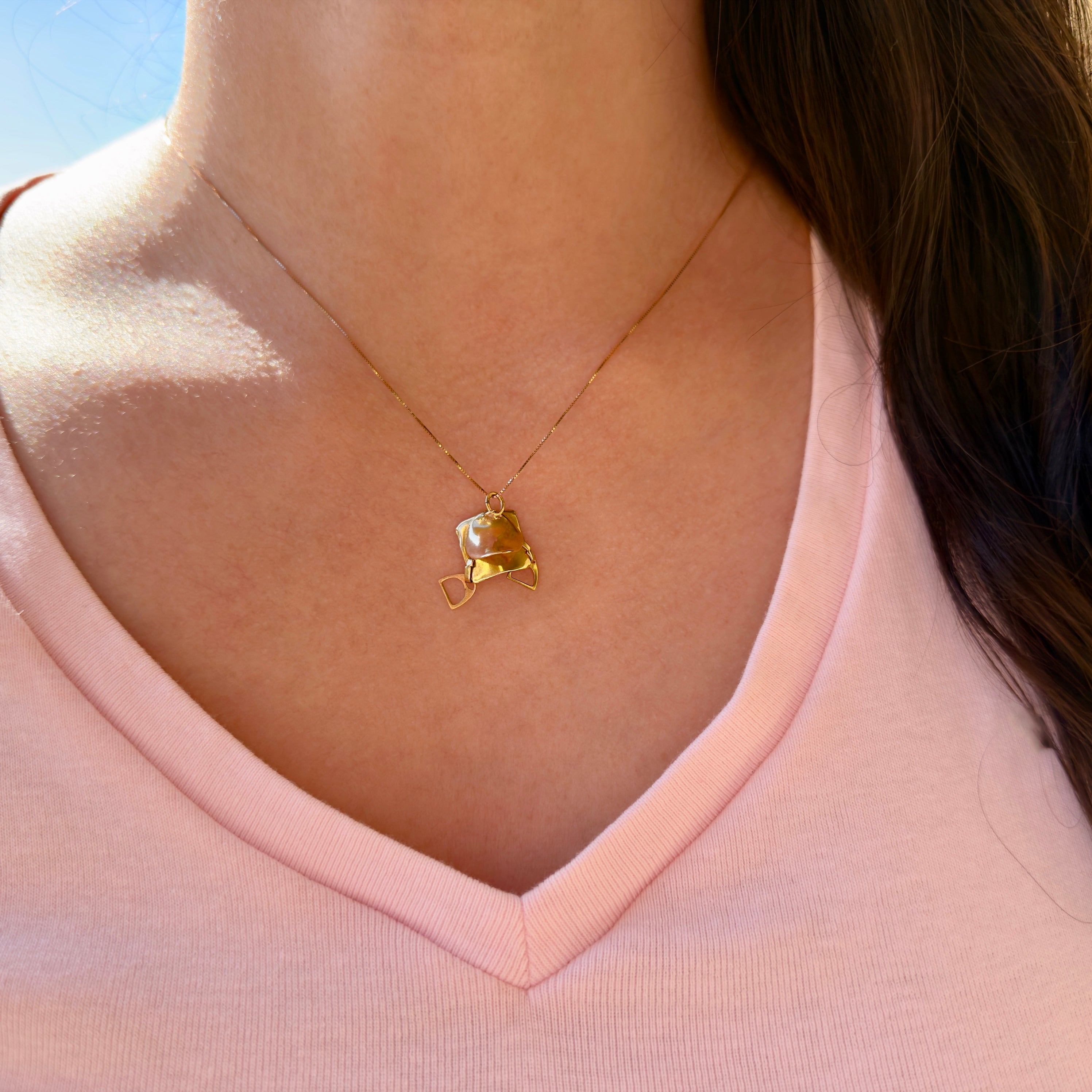 Gold necklace with a pendant worn by a person in a pink shirt.