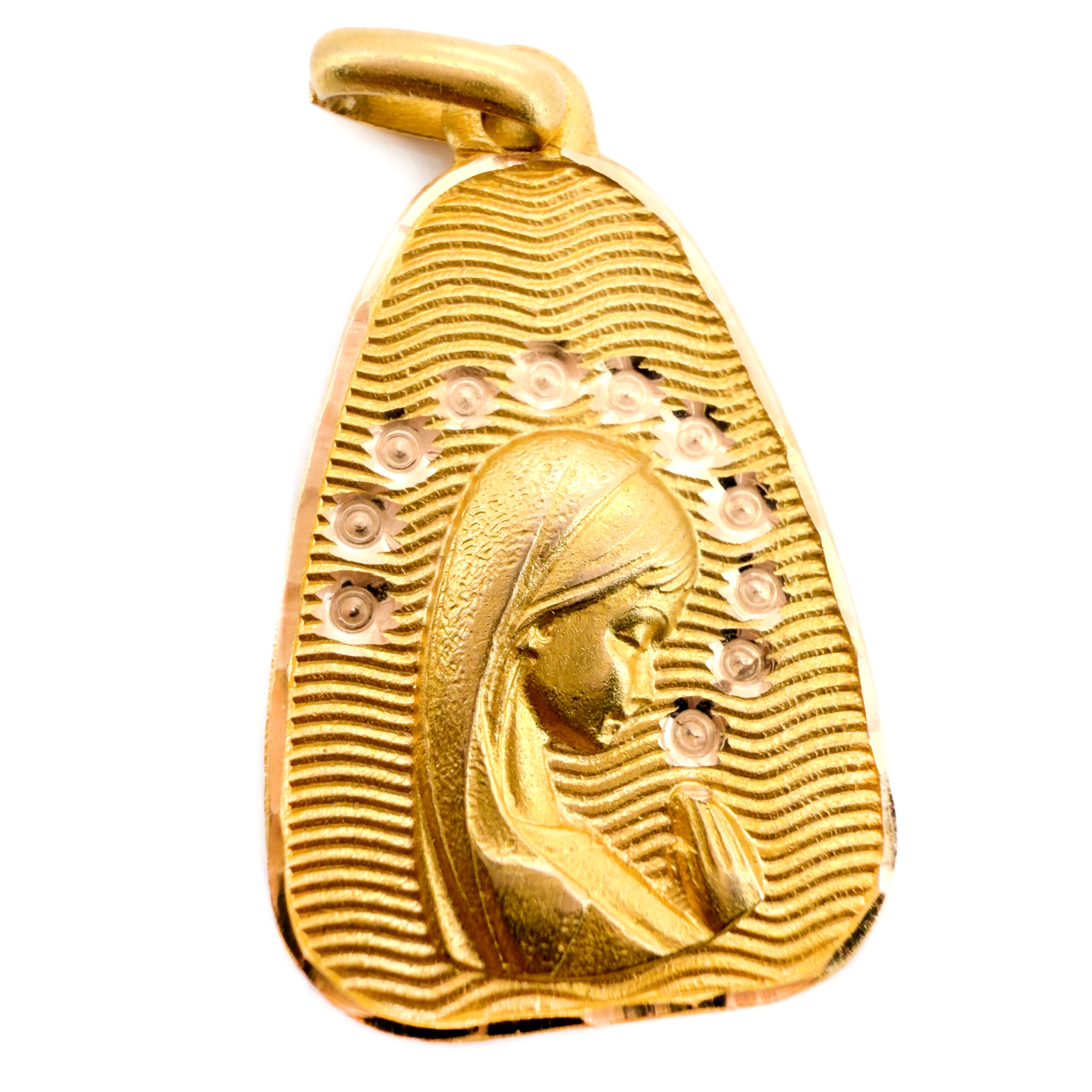 Gold pendant with a Virgin Mary design on a white background