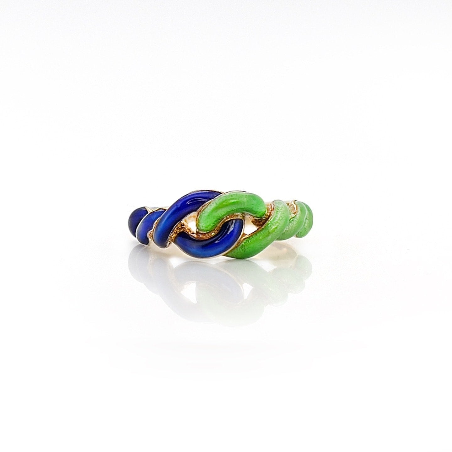Vintage Blue and Green Enamel Gold Knot Ring, Size 7.75