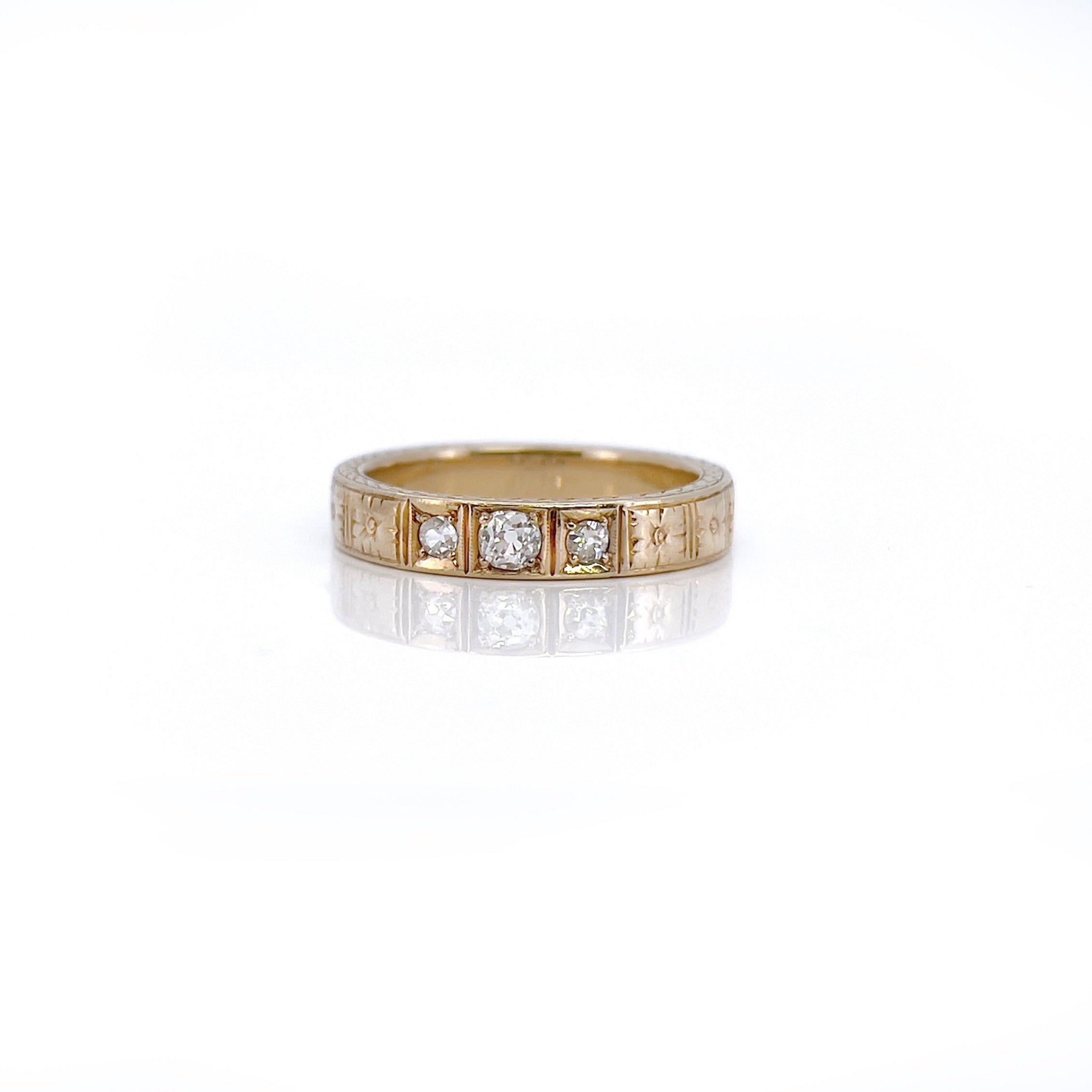 Old European Diamond Floral Wedding Band, Size 7.5
