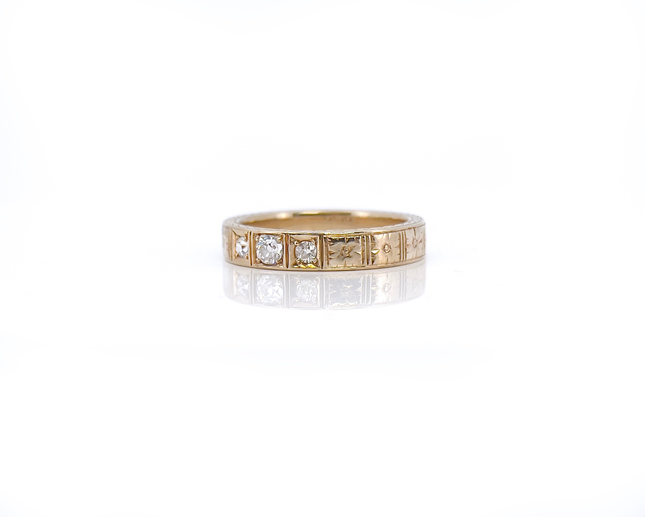 Old European Diamond Floral Wedding Band, Size 7.5
