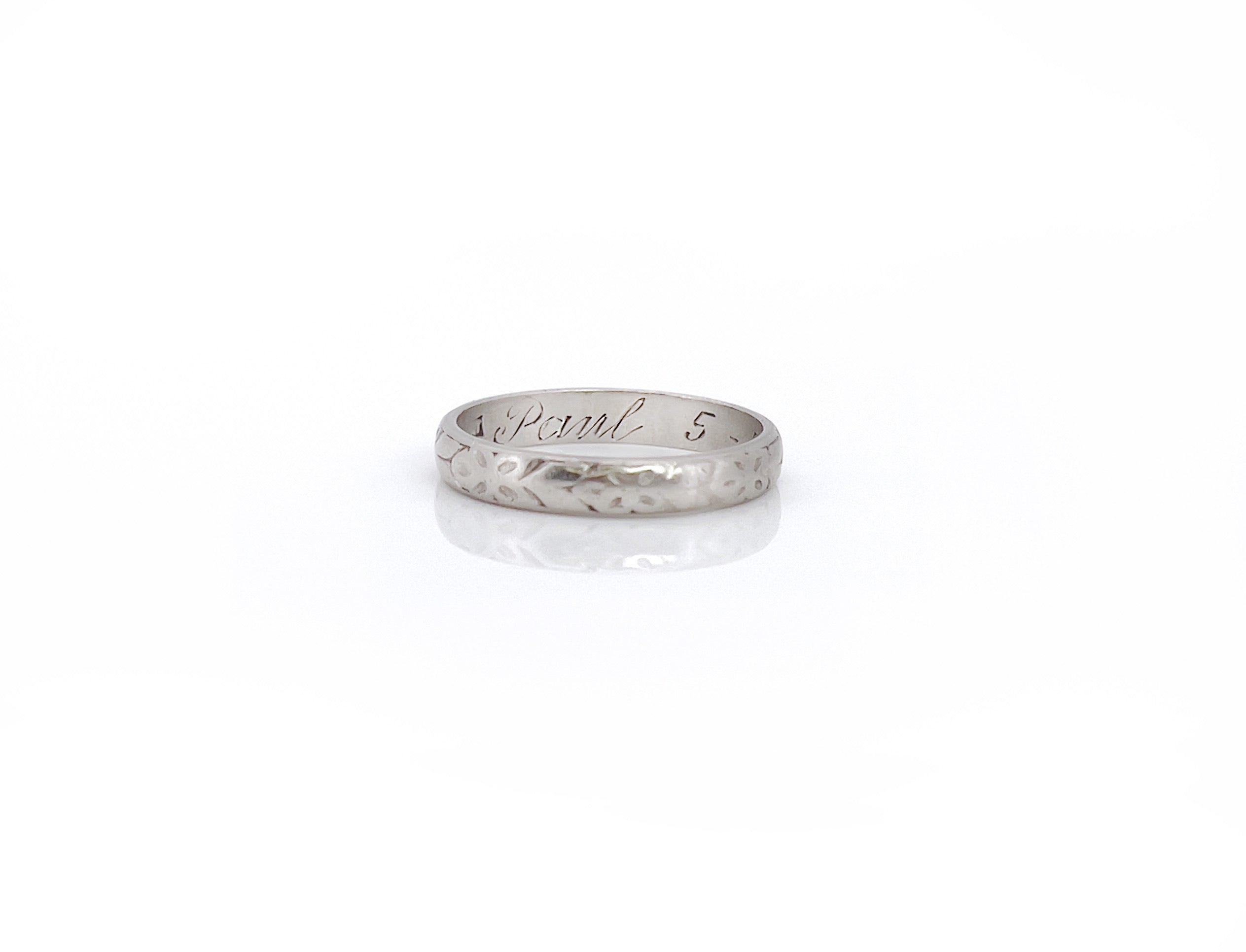 Mid Century Platinum Wedding Ring, Paul 5-3-1950, Size 6.75