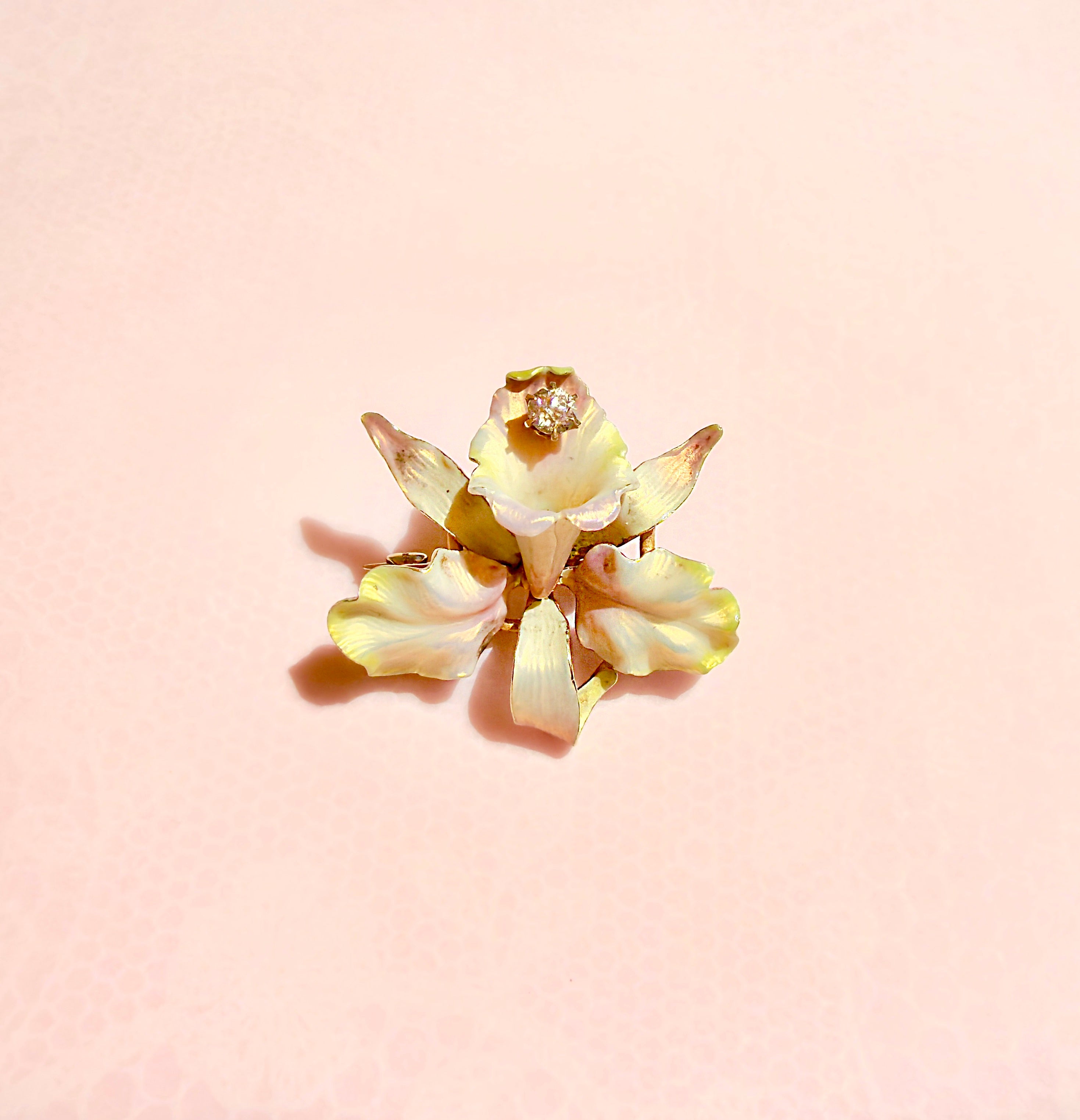 Victorian 14KT Iridescent Enamel Orchid Brooch