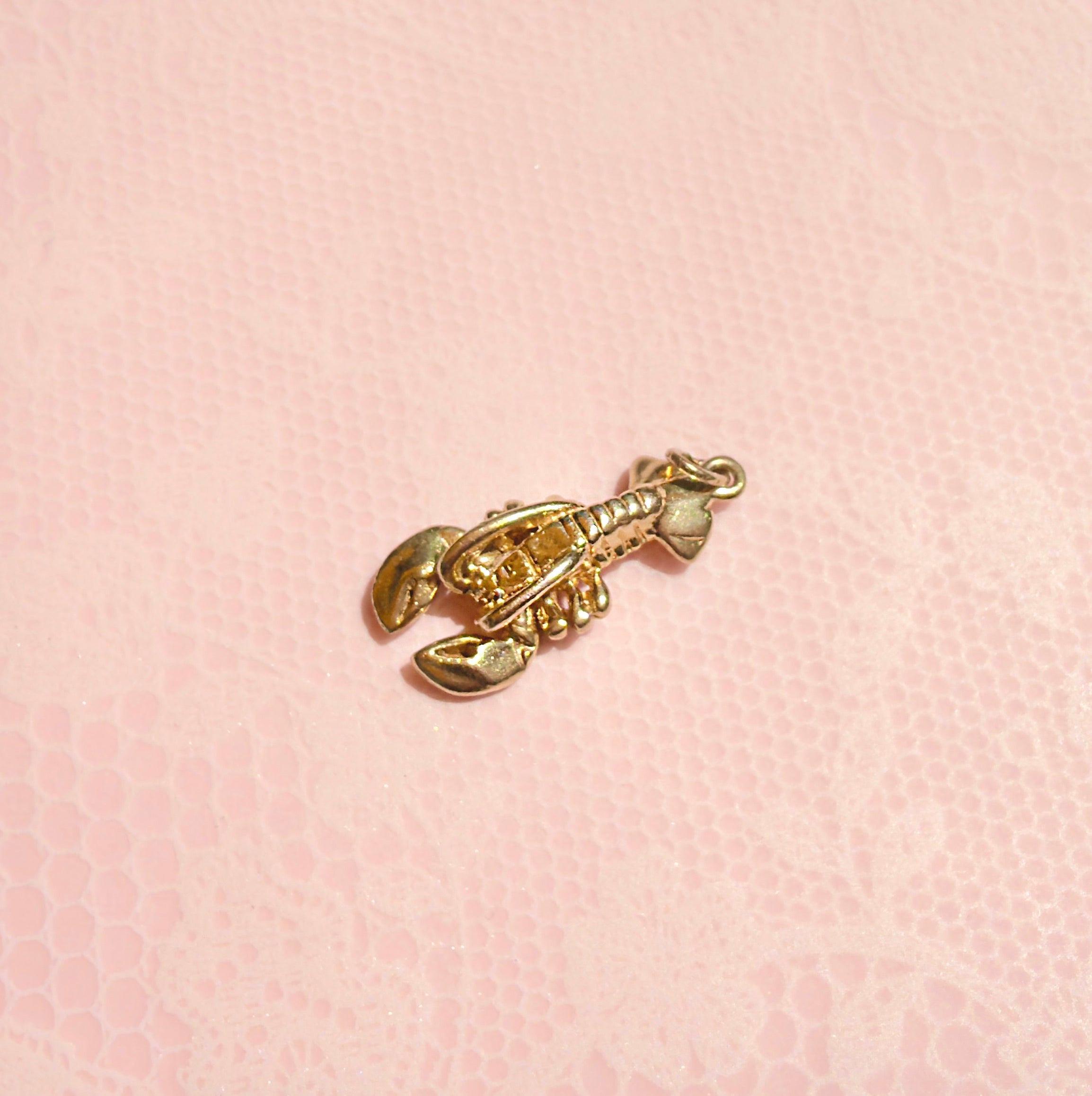 Gold lobster charm on a pink textured background