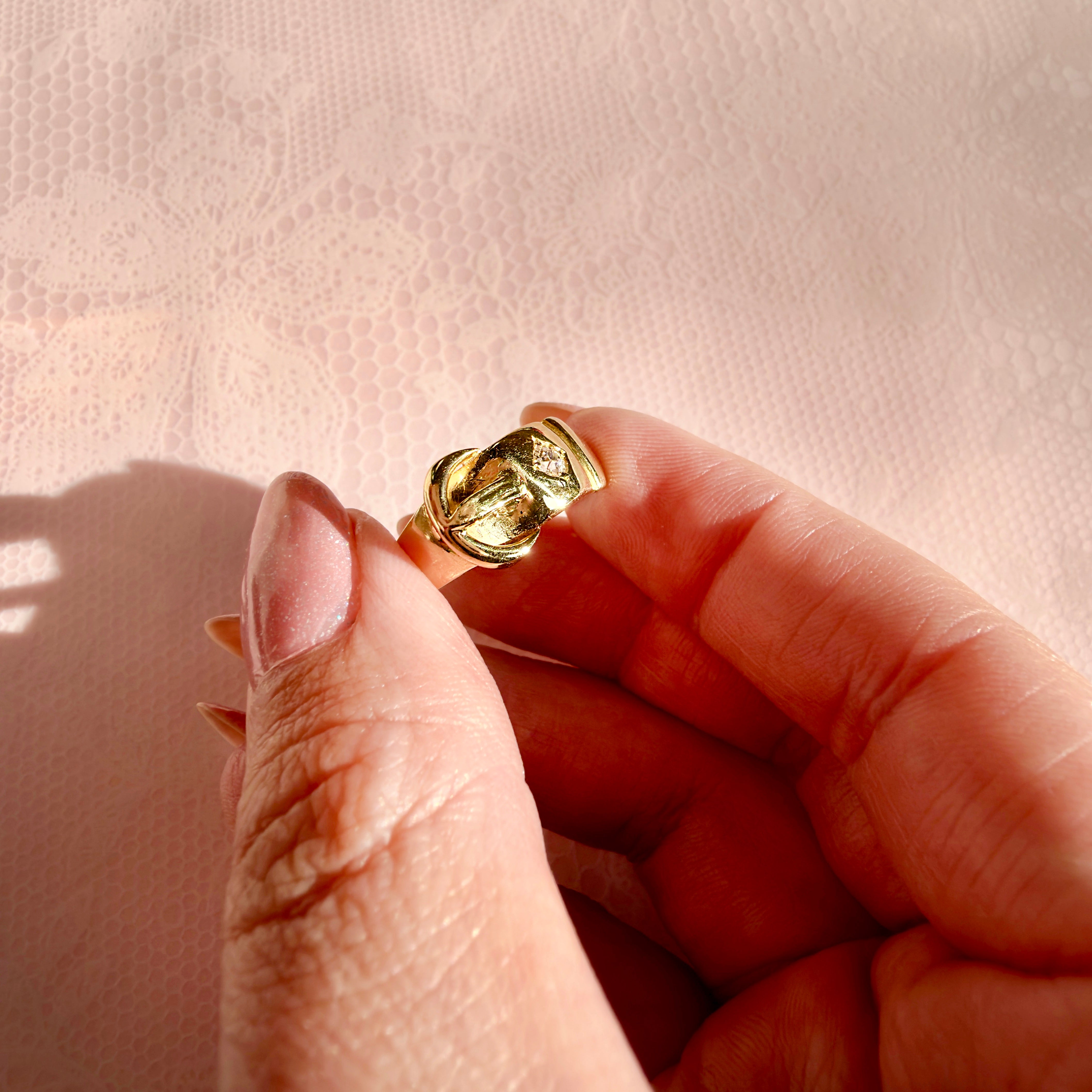 Victorian 18K Old Mine Cut Diamond Buckle Ring, Size 6.75, Chester 1897