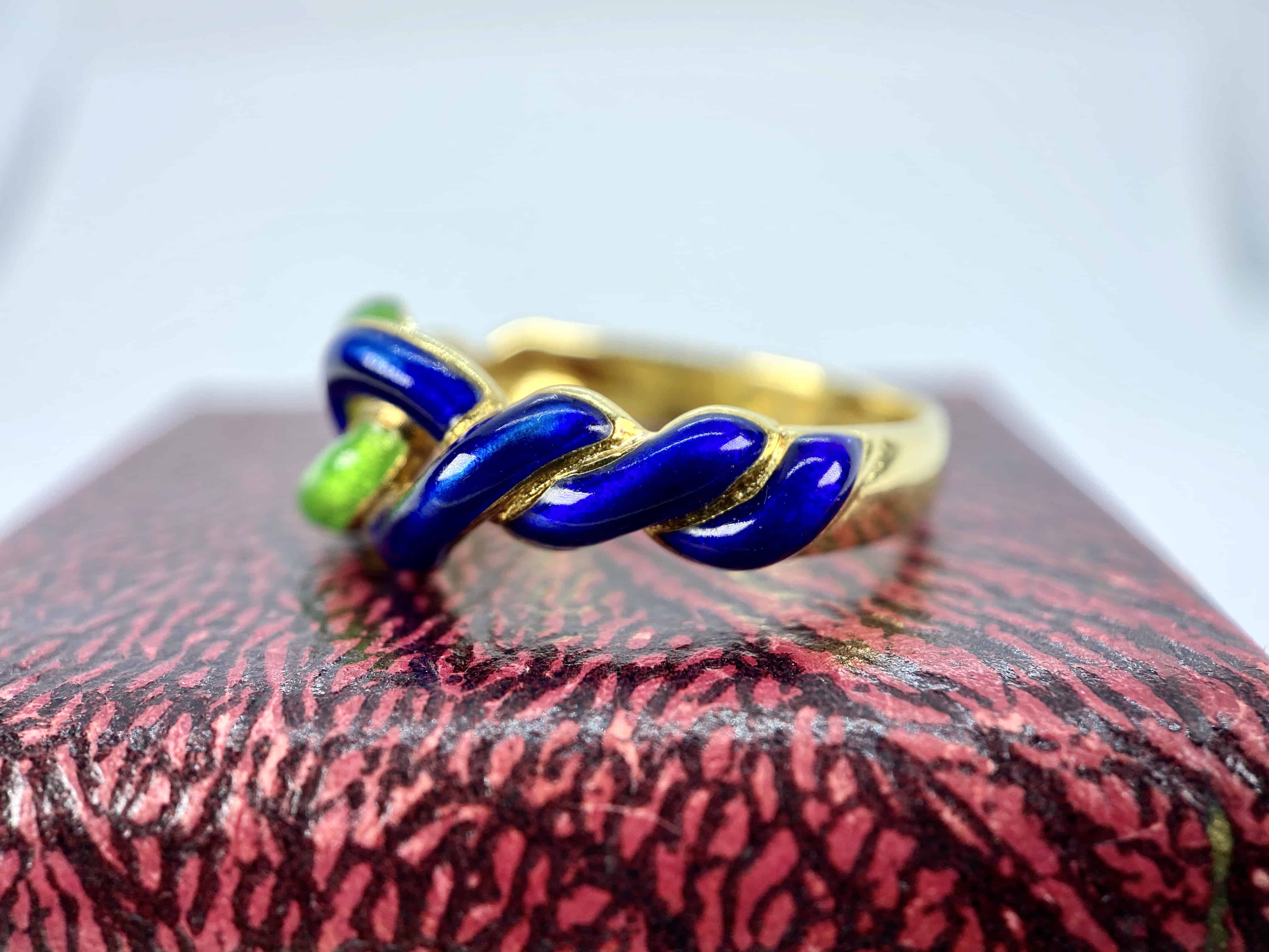 Vintage Blue and Green Enamel Gold Knot Ring, Size 7.75