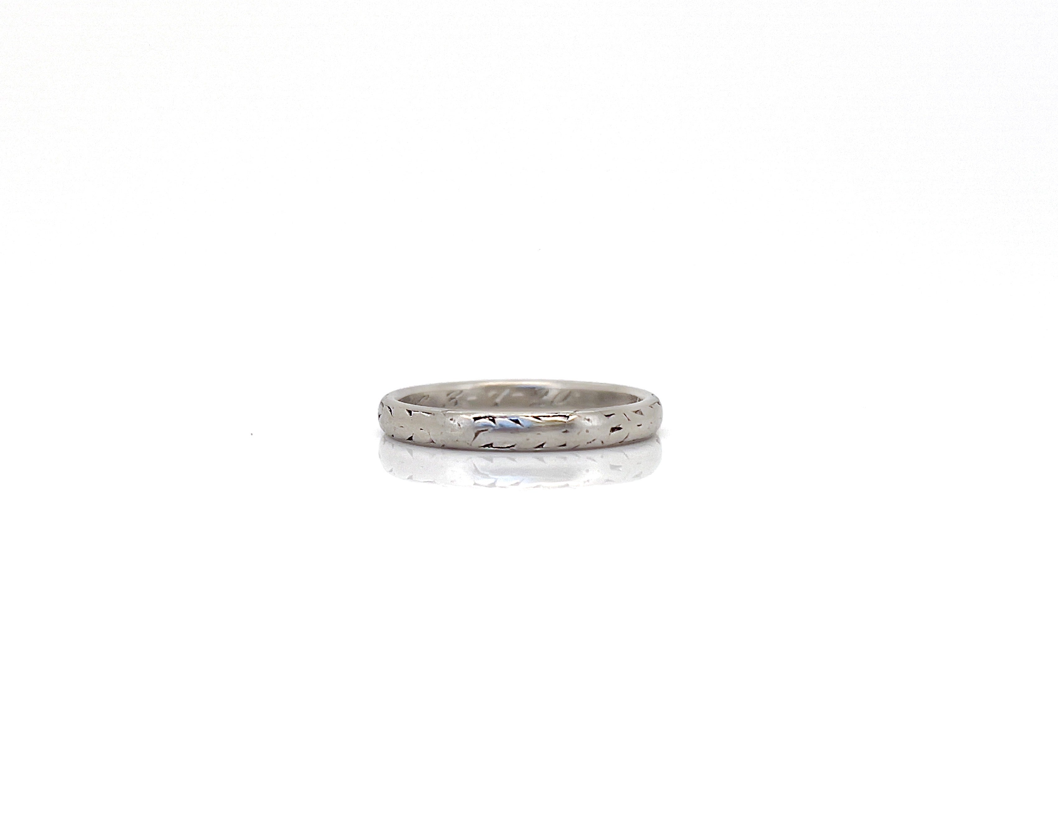Art Deco, Platinum Wedding Ring, B.E.W. to M.B.K 3–7–20, Size 5.5