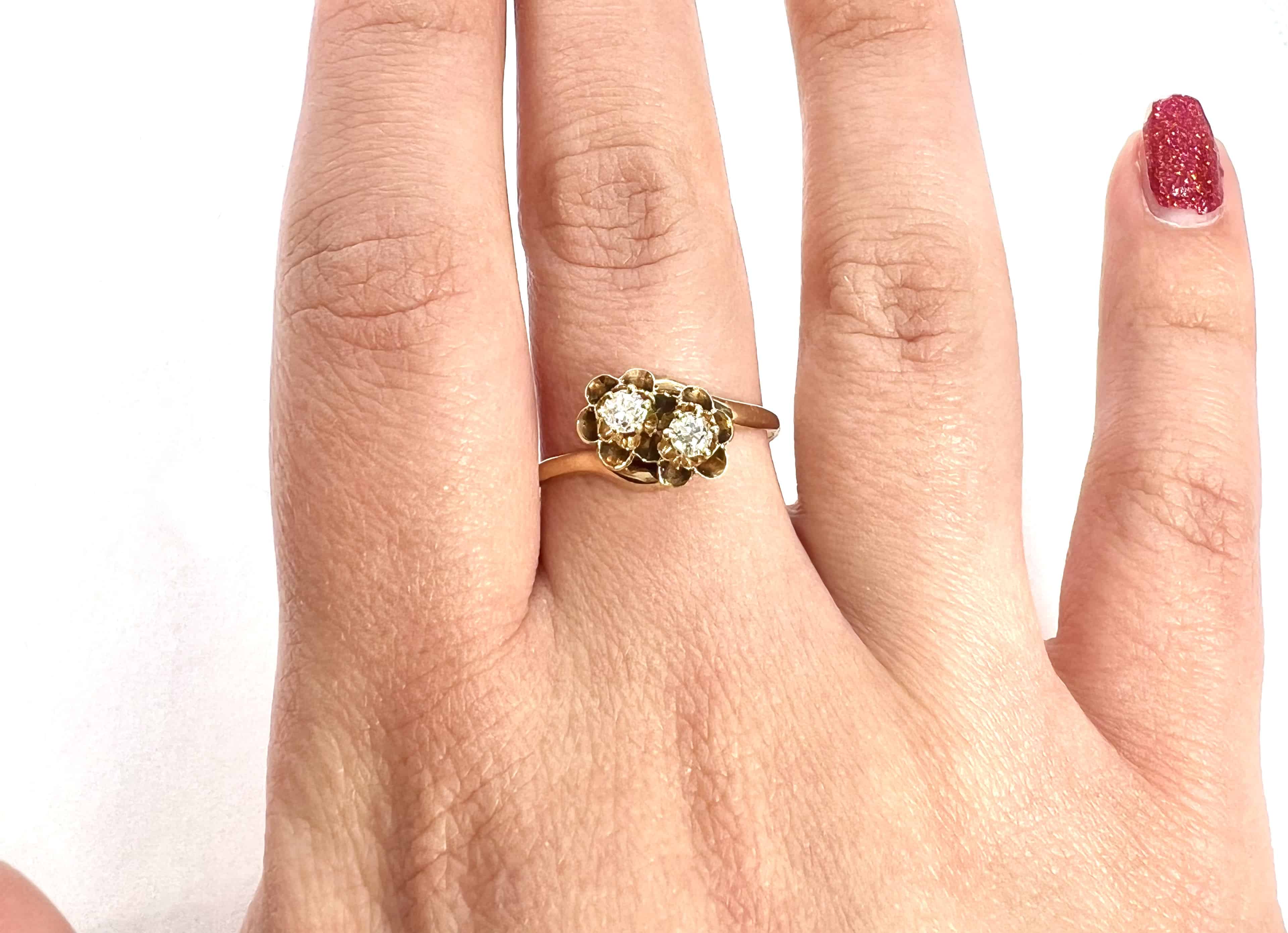 Antique Buttercup Old European Cut Diamond Toi et Moi Ring, 14K, Size 9.5