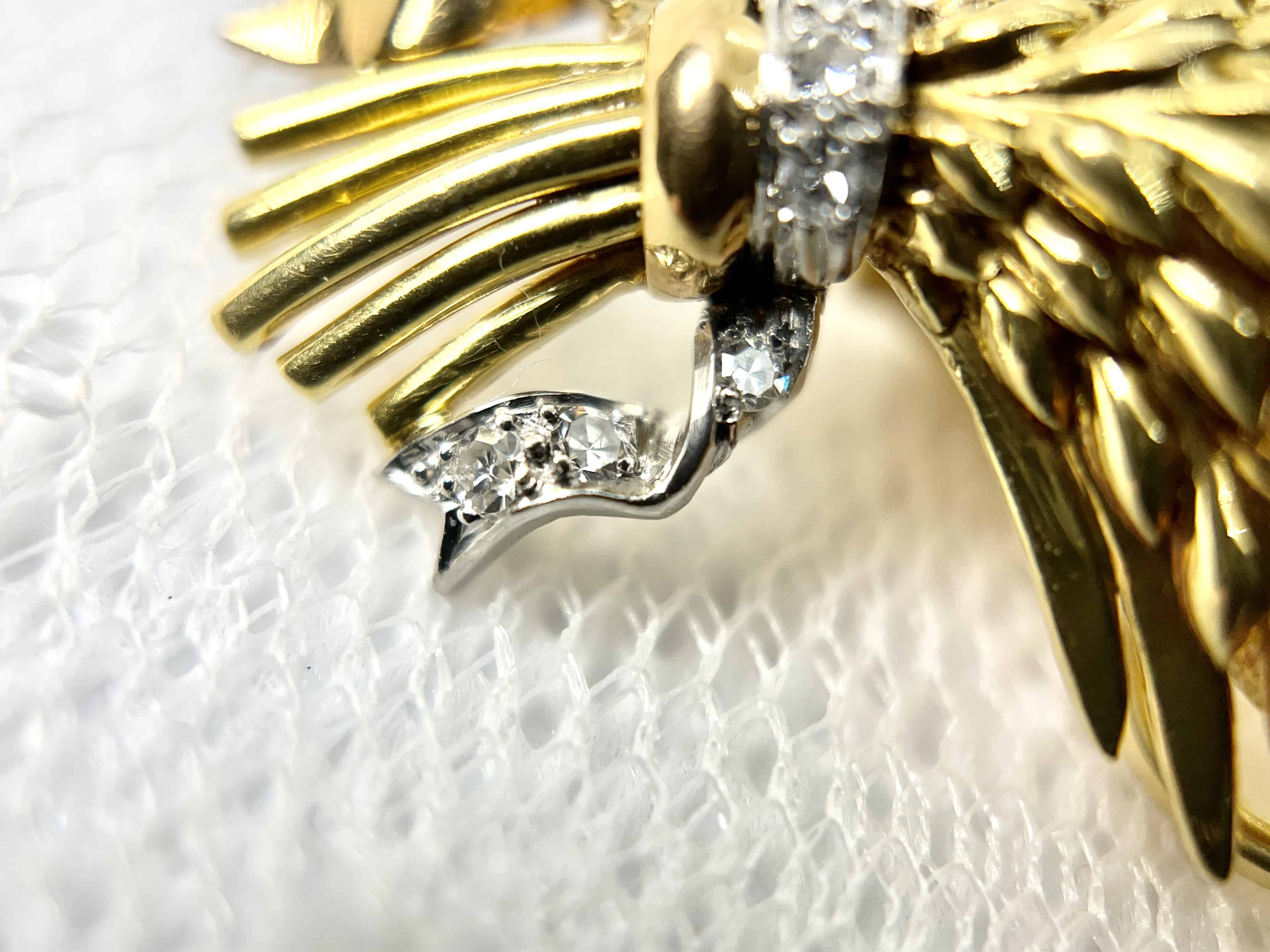 Vintage Gold, Platinum, & Diamond Wheat Stalk Clip On Earrings
