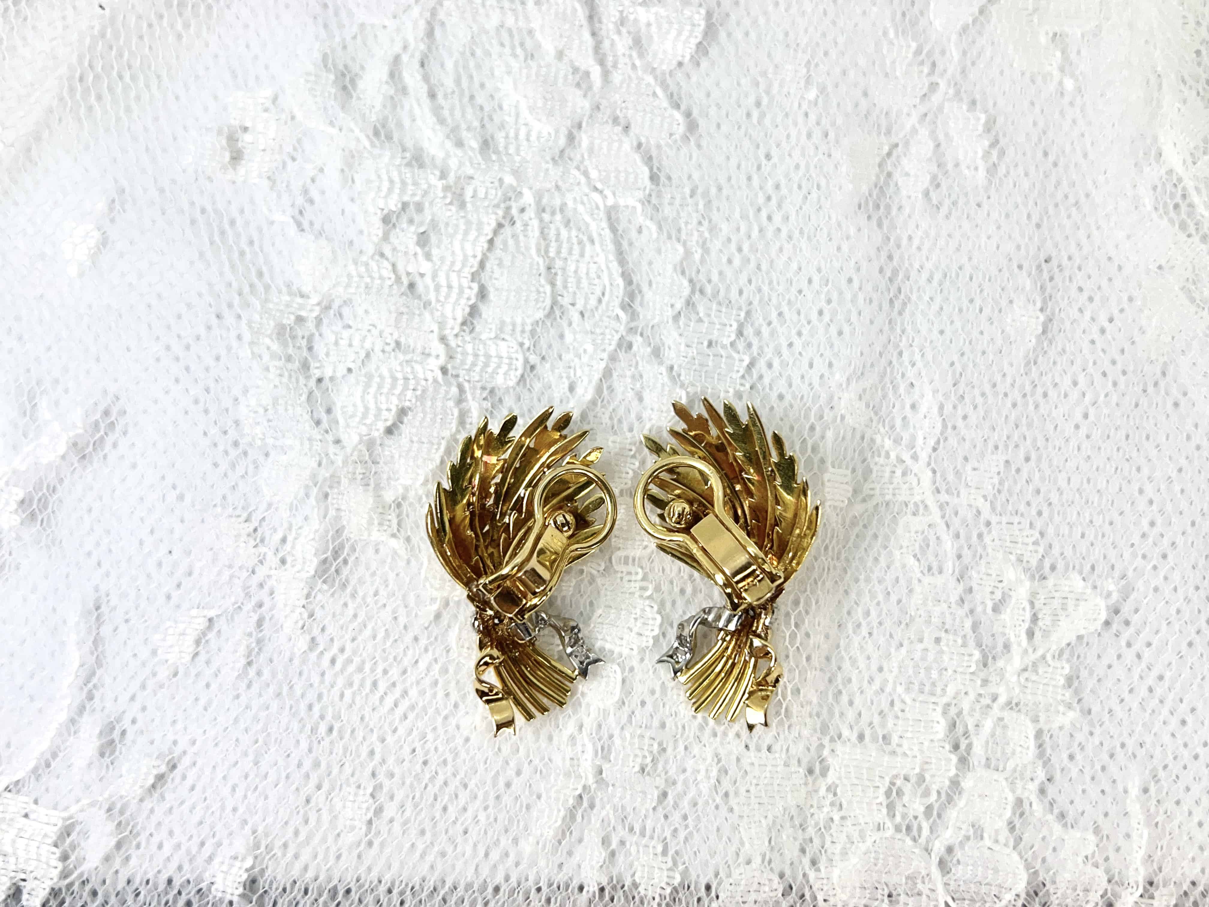 Vintage Gold, Platinum, & Diamond Wheat Stalk Clip On Earrings