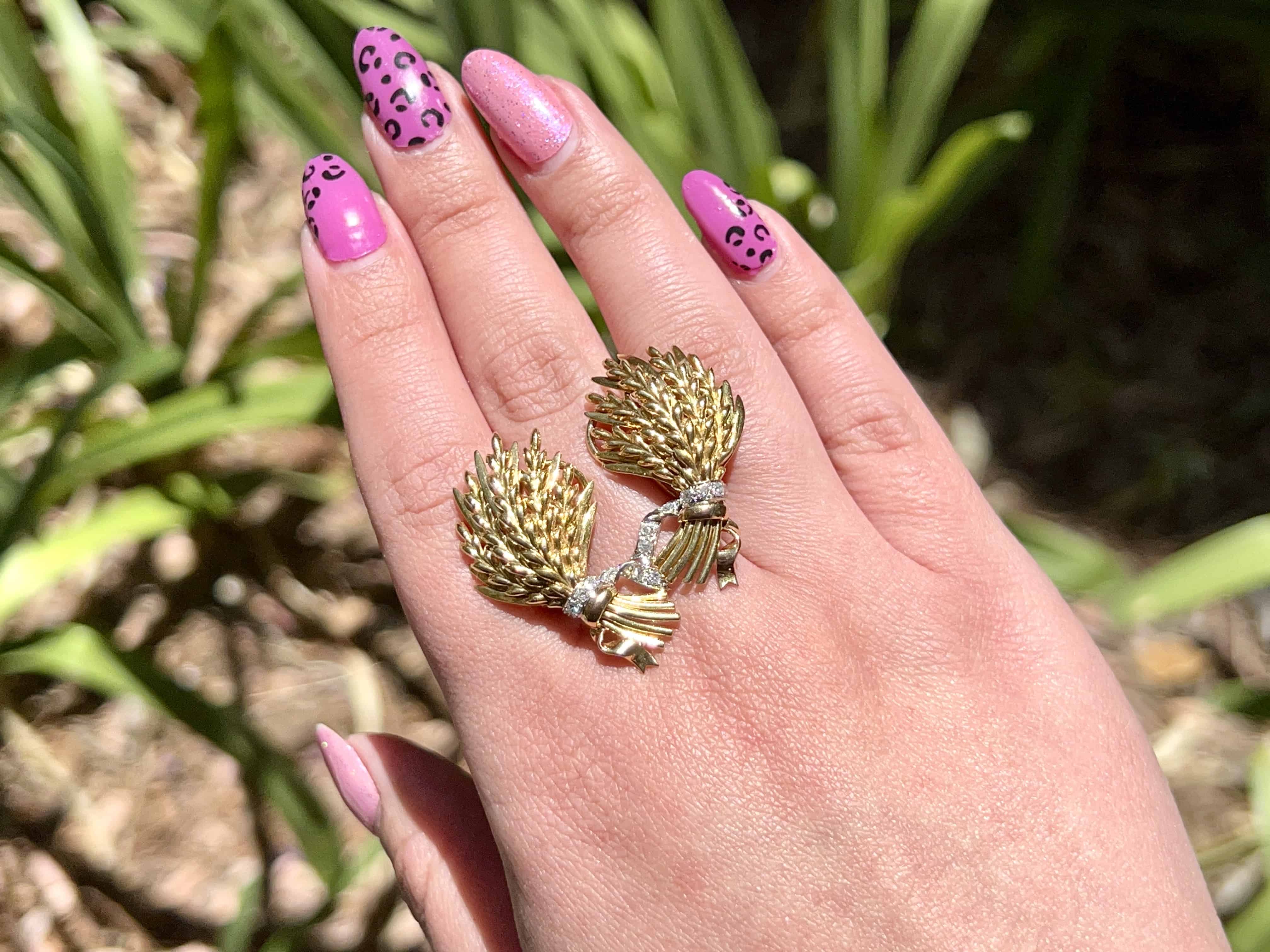 Vintage Gold, Platinum, & Diamond Wheat Stalk Clip On Earrings