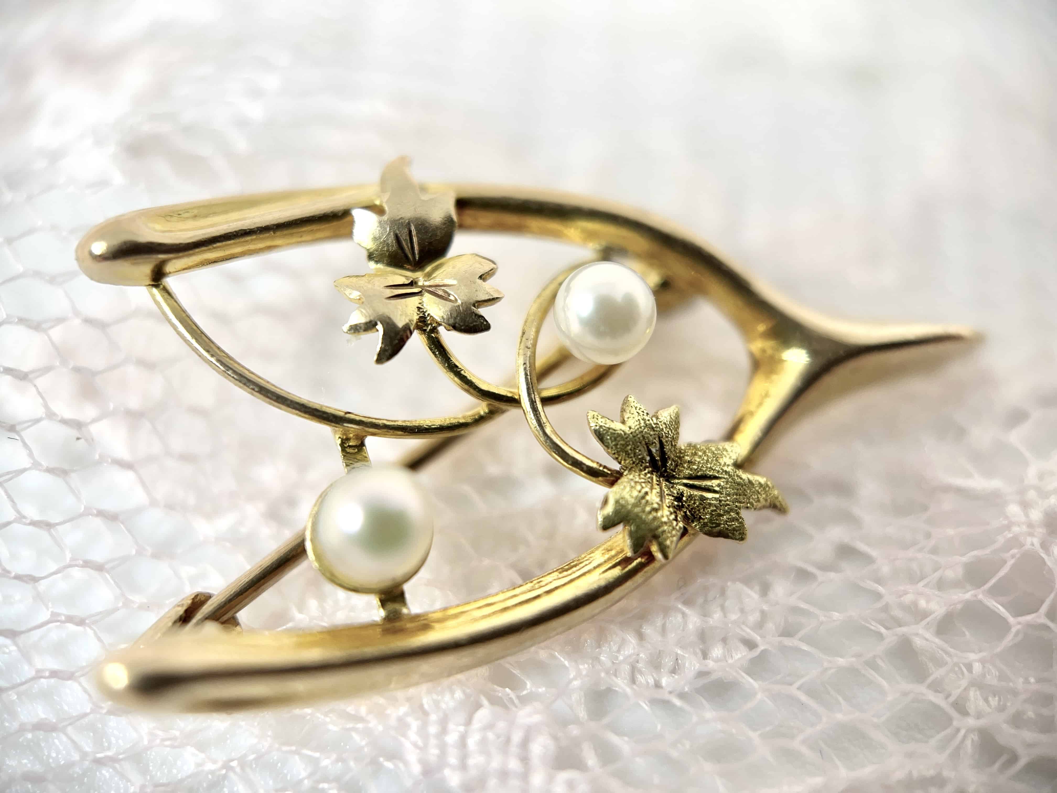 Vintage Wishbone, Ivy Leaf, and Pearl Brooch