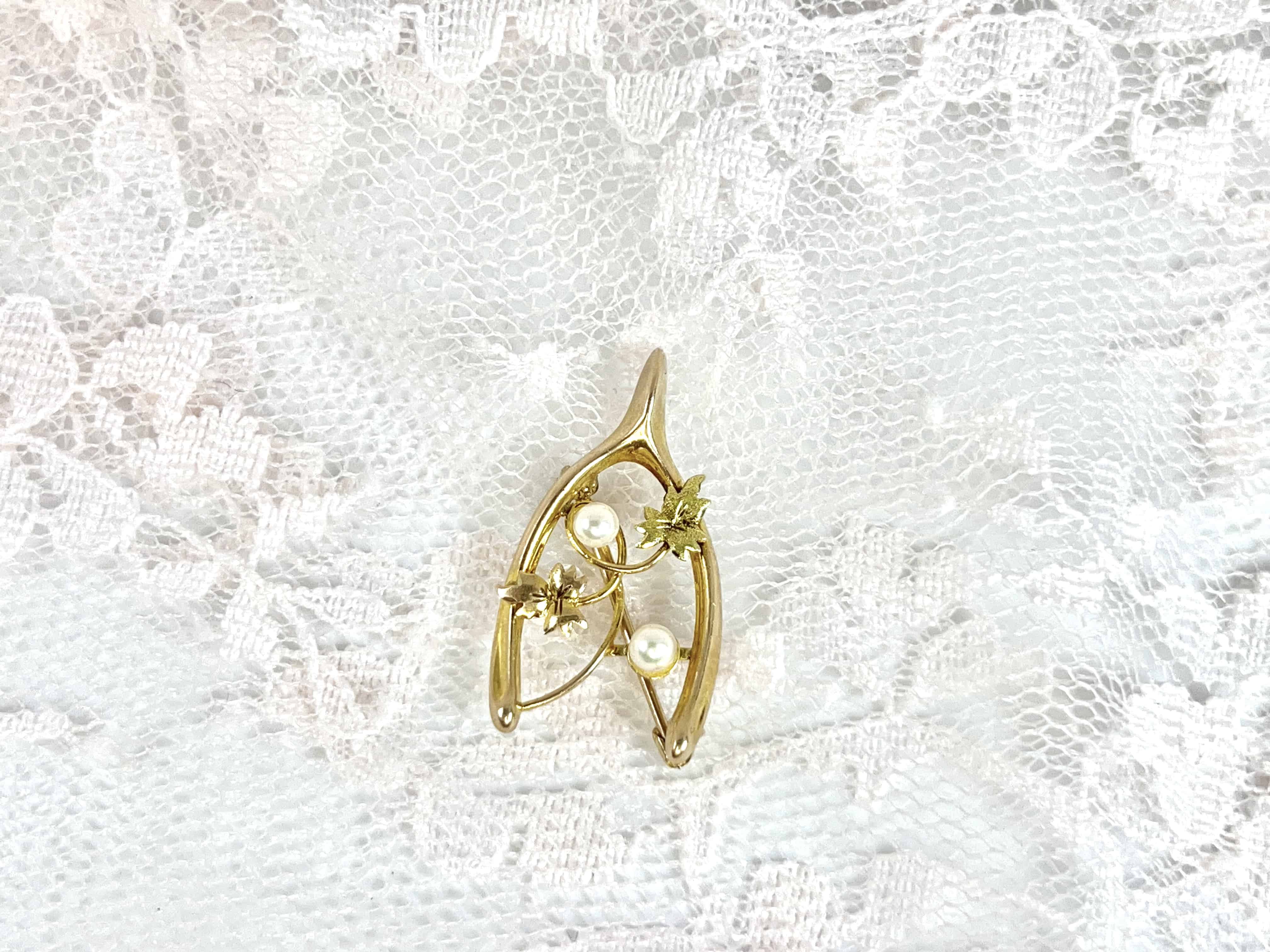 Vintage Wishbone, Ivy Leaf, and Pearl Brooch