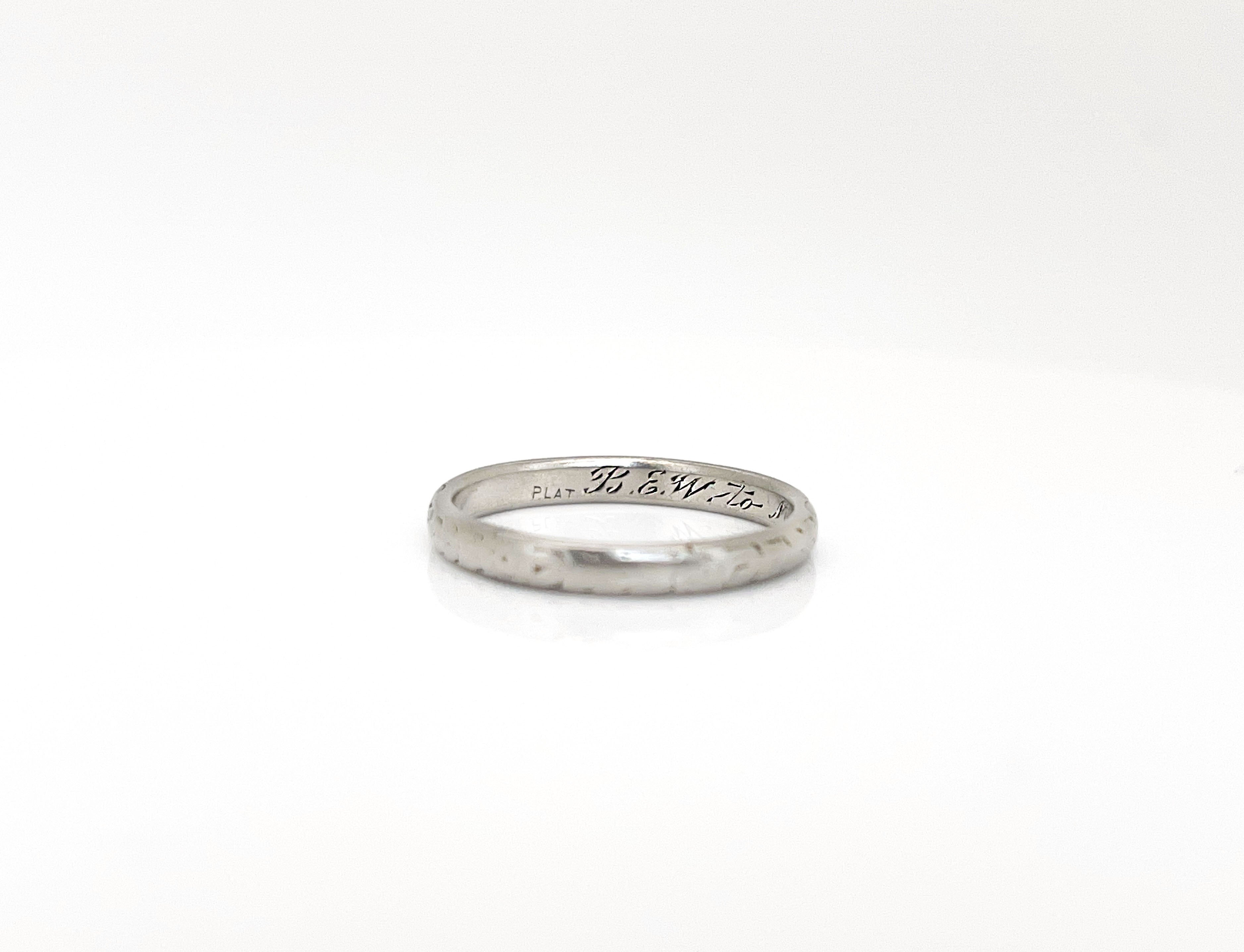 Art Deco, Platinum Wedding Ring, B.E.W. to M.B.K 3–7–20, Size 5.5