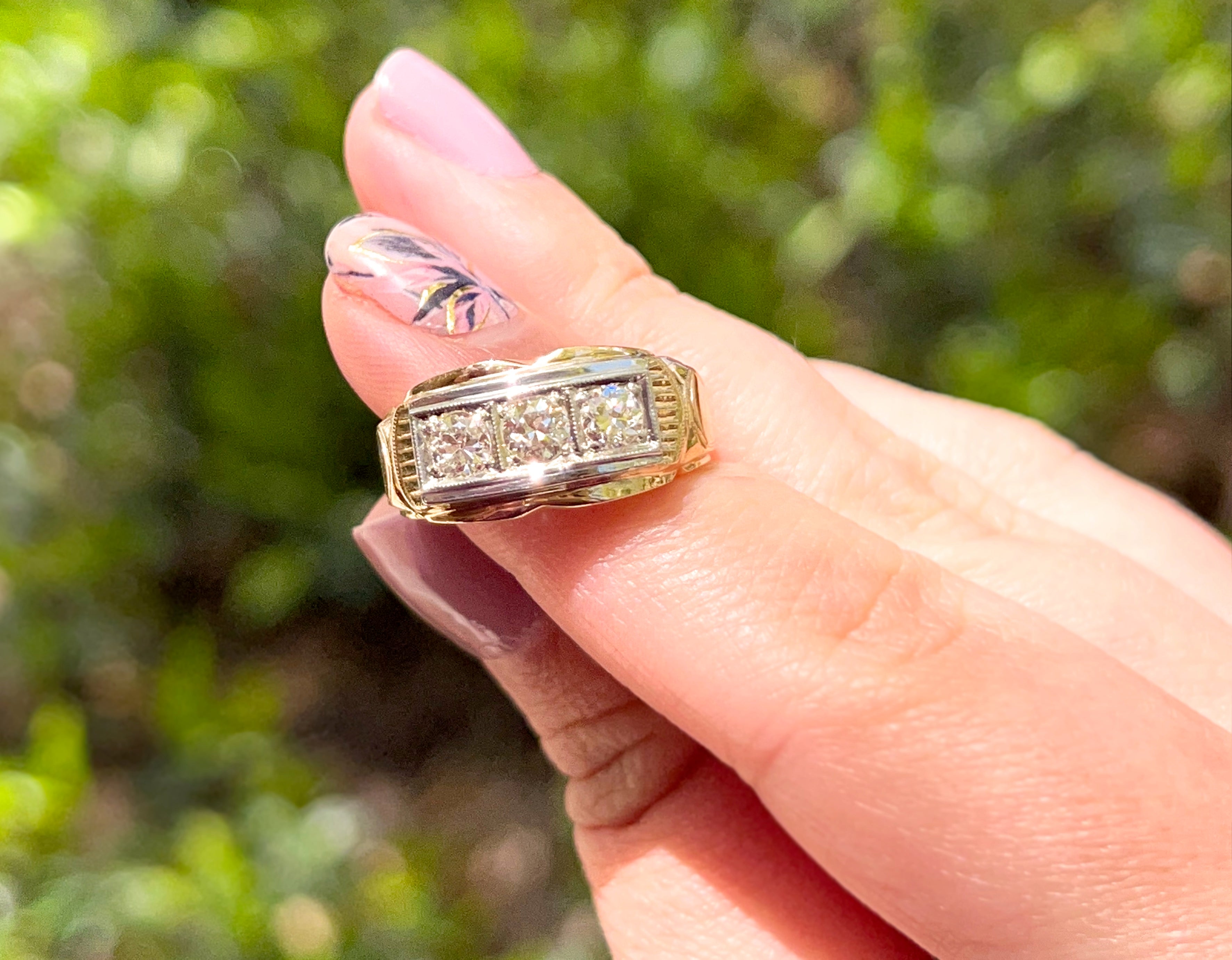 Vintage Transitional Cut Diamond Tank Ring