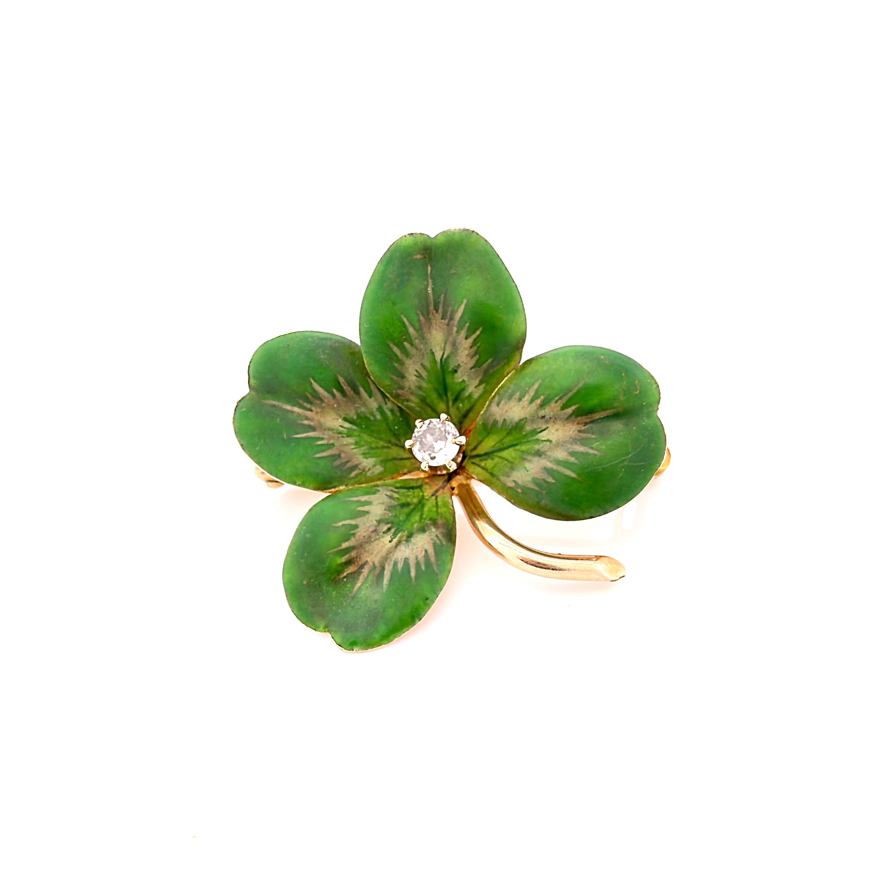 Antique Krementz & Co. 14K Four Leaf Clover, Old European Cut Diamond, Brooch