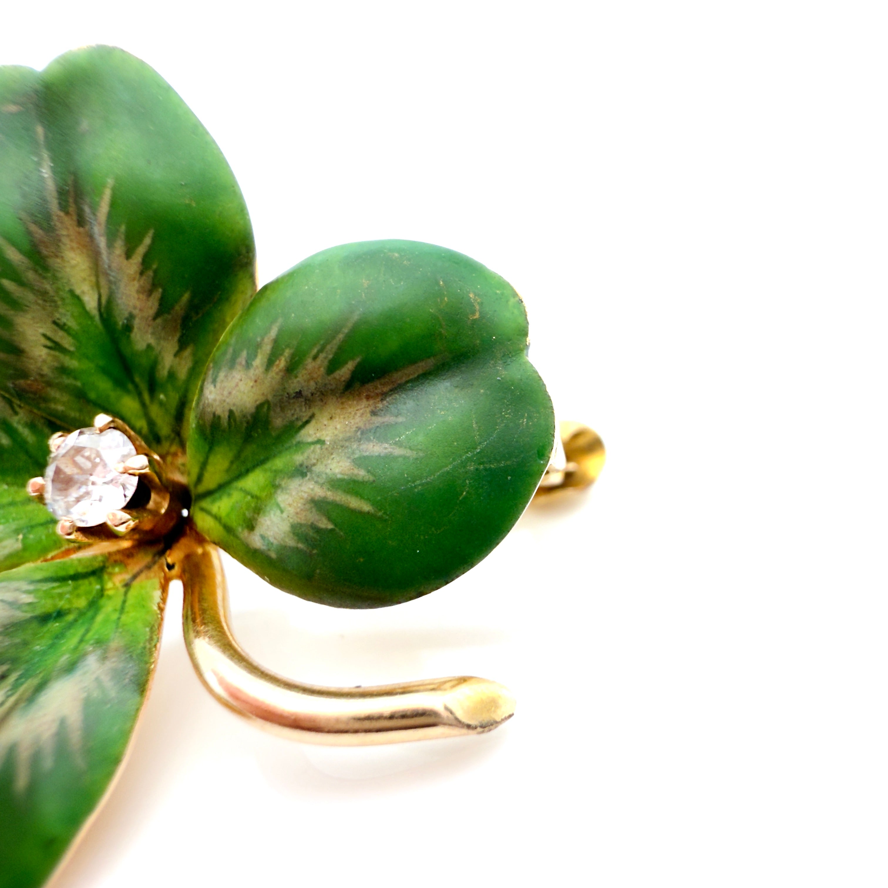 Antique Krementz & Co. 14K Four Leaf Clover, Old European Cut Diamond, Brooch