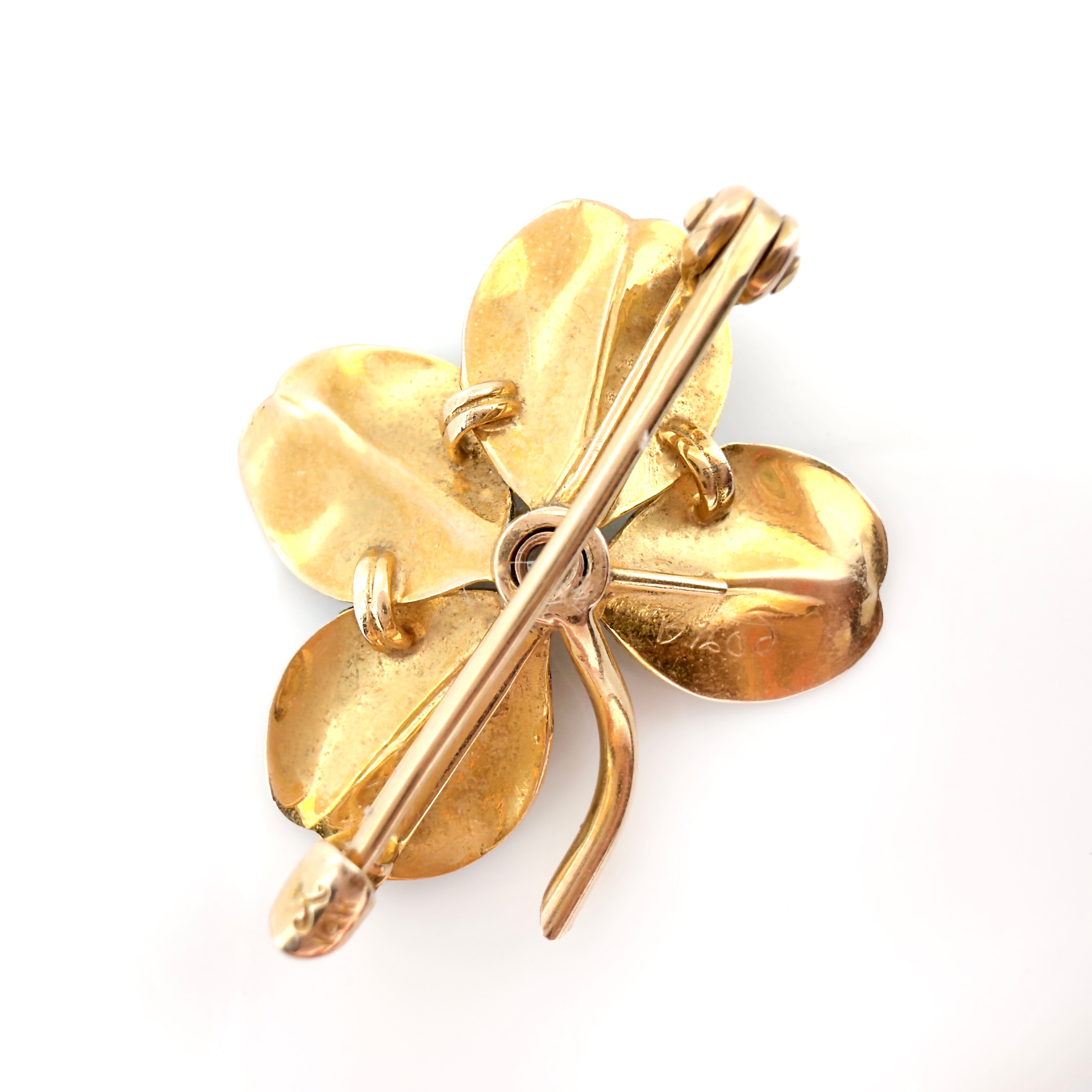 Antique Krementz & Co. 14K Four Leaf Clover, Old European Cut Diamond, Brooch
