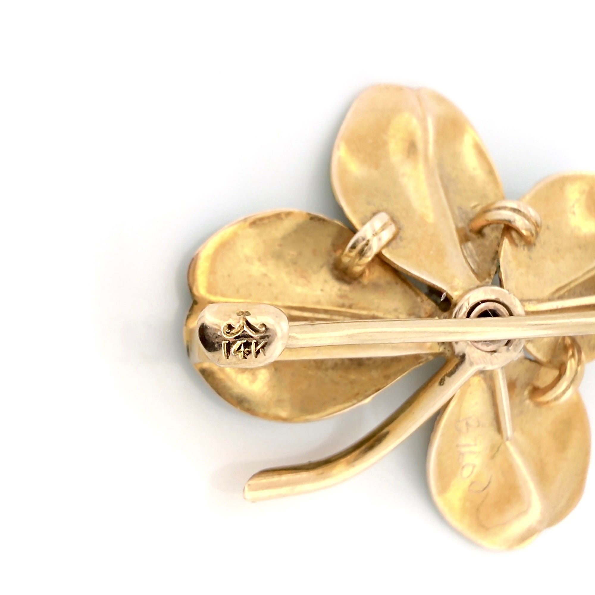 Antique Krementz & Co. 14K Four Leaf Clover, Old European Cut Diamond, Brooch