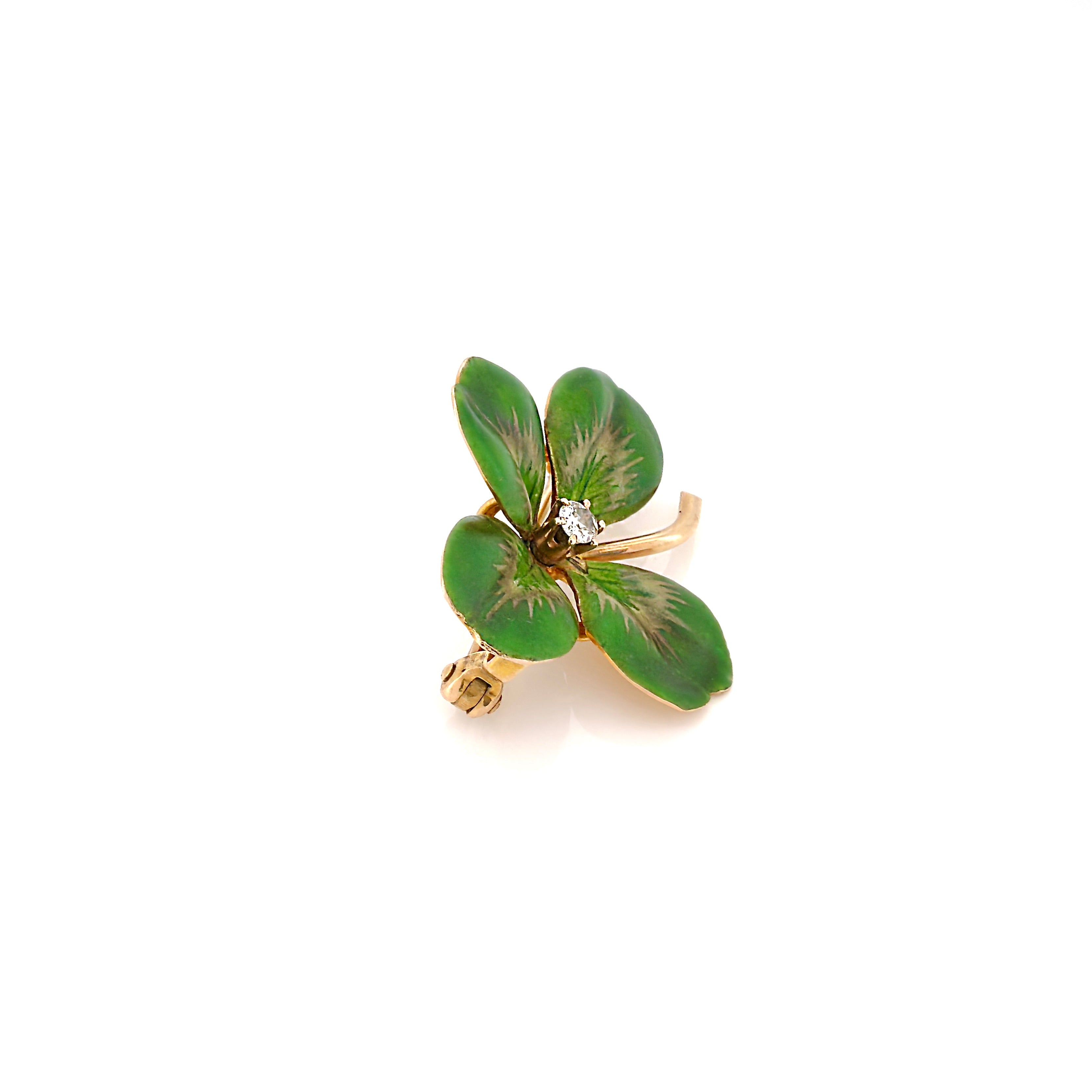 Antique Krementz & Co. 14K Four Leaf Clover, Old European Cut Diamond, Brooch