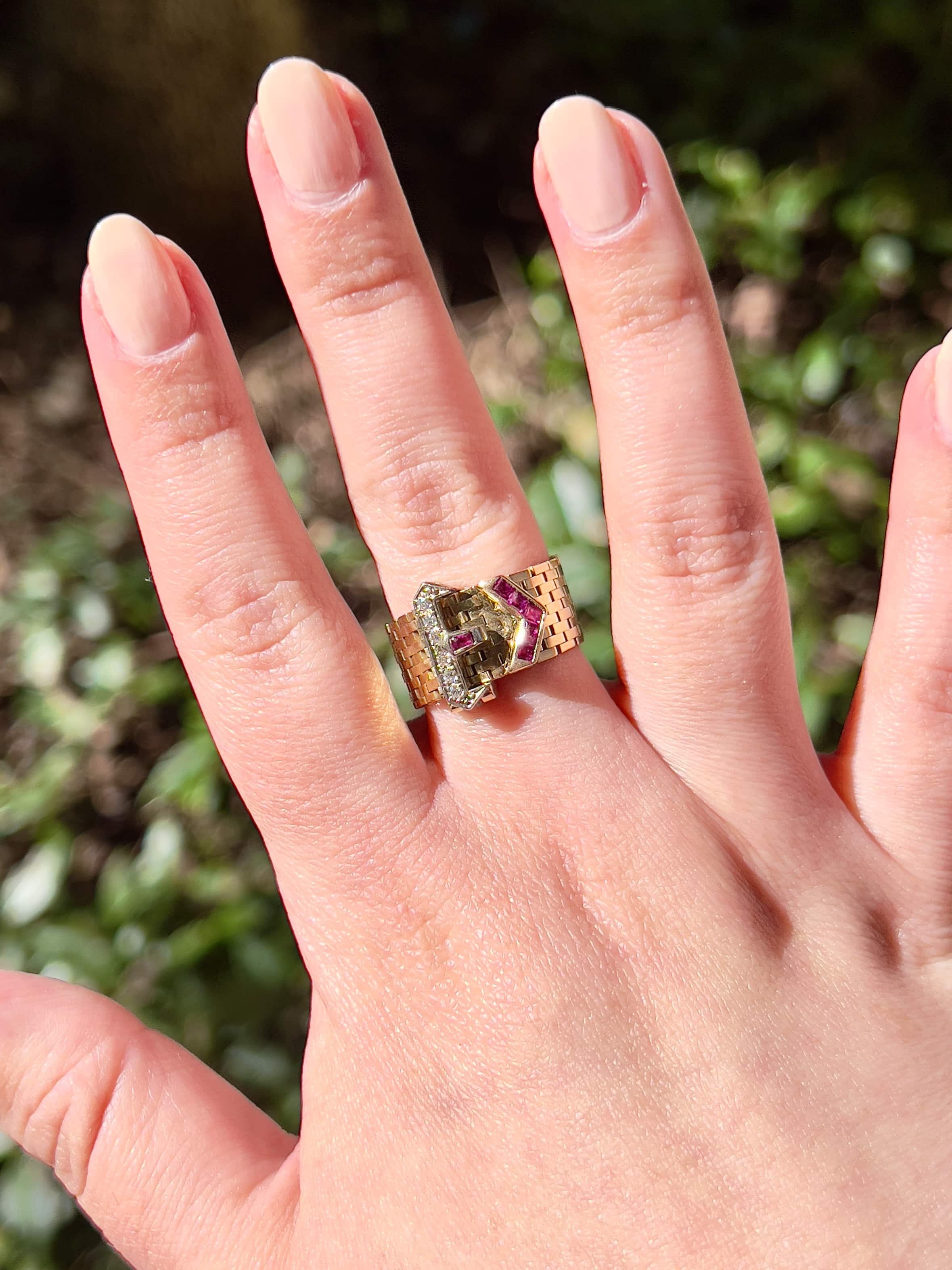 Retro Adjustable Buckle Ring, Diamonds, Rubies, Size 3 to 8.5, 14K