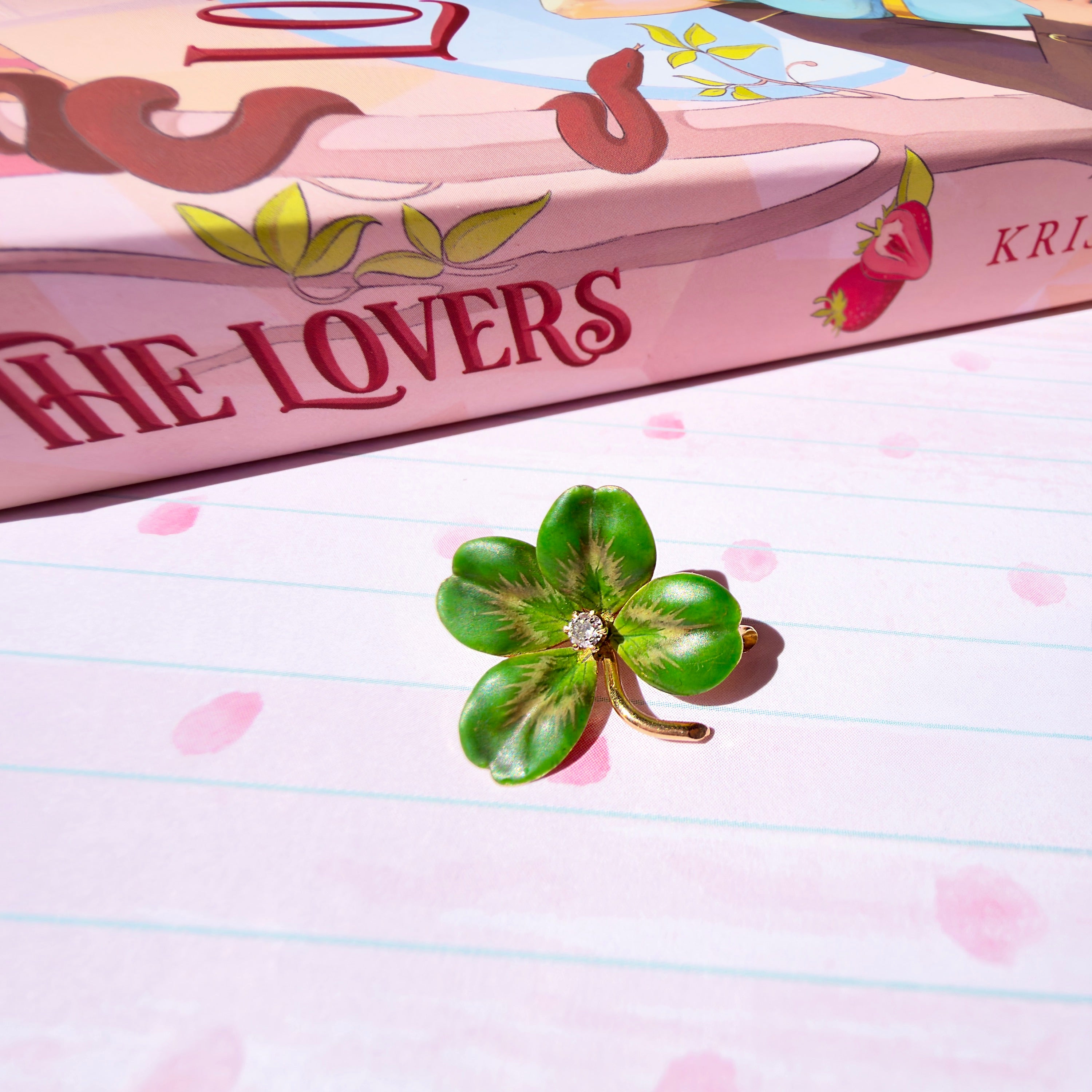 Antique Krementz & Co. 14K Four Leaf Clover, Old European Cut Diamond, Brooch