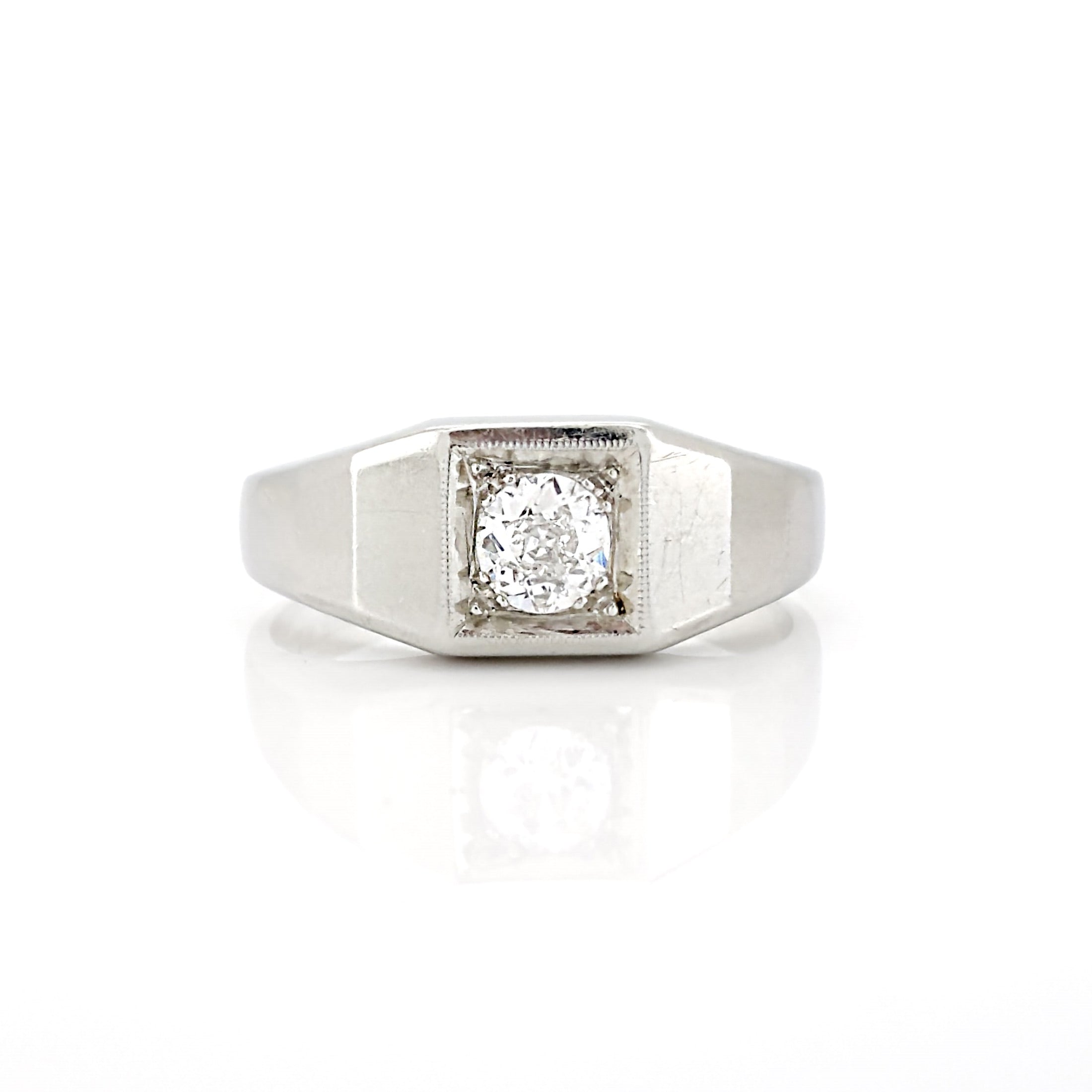 Art Deco 14K White Gold Old European Cut Diamond Ring, Size 7.75