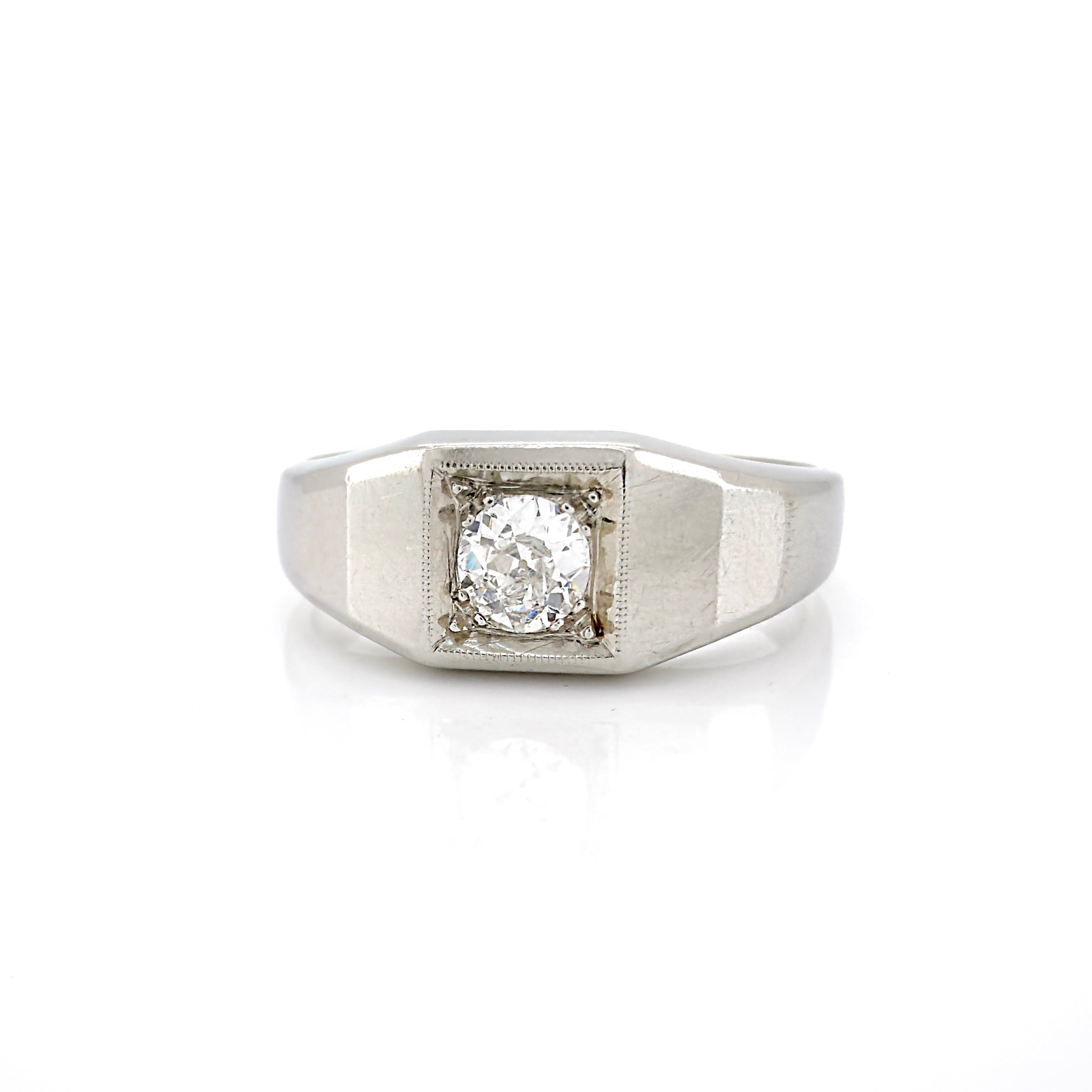 Art Deco 14K White Gold Old European Cut Diamond Ring, Size 7.75