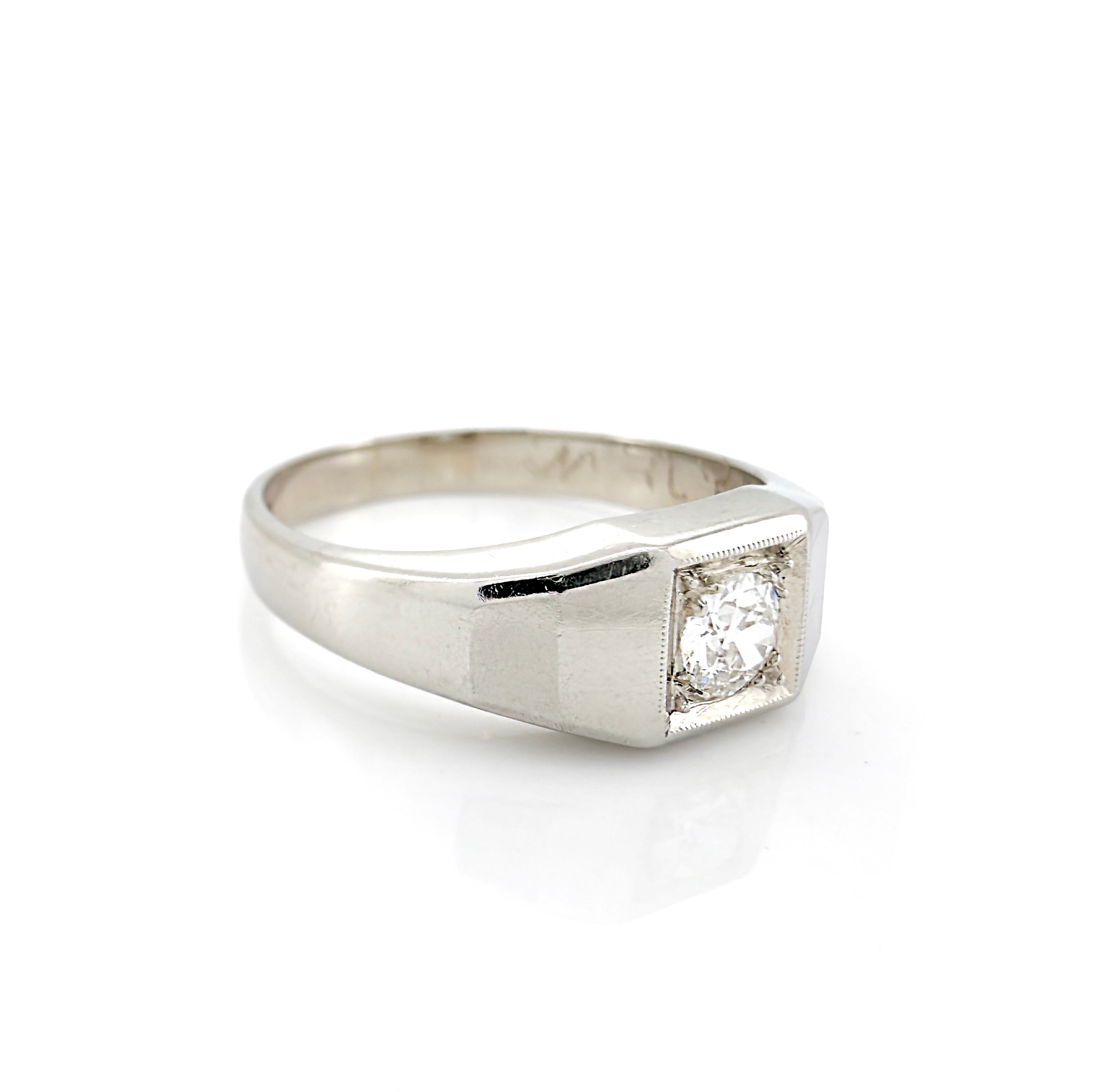 Art Deco 14K White Gold Old European Cut Diamond Ring, Size 7.75