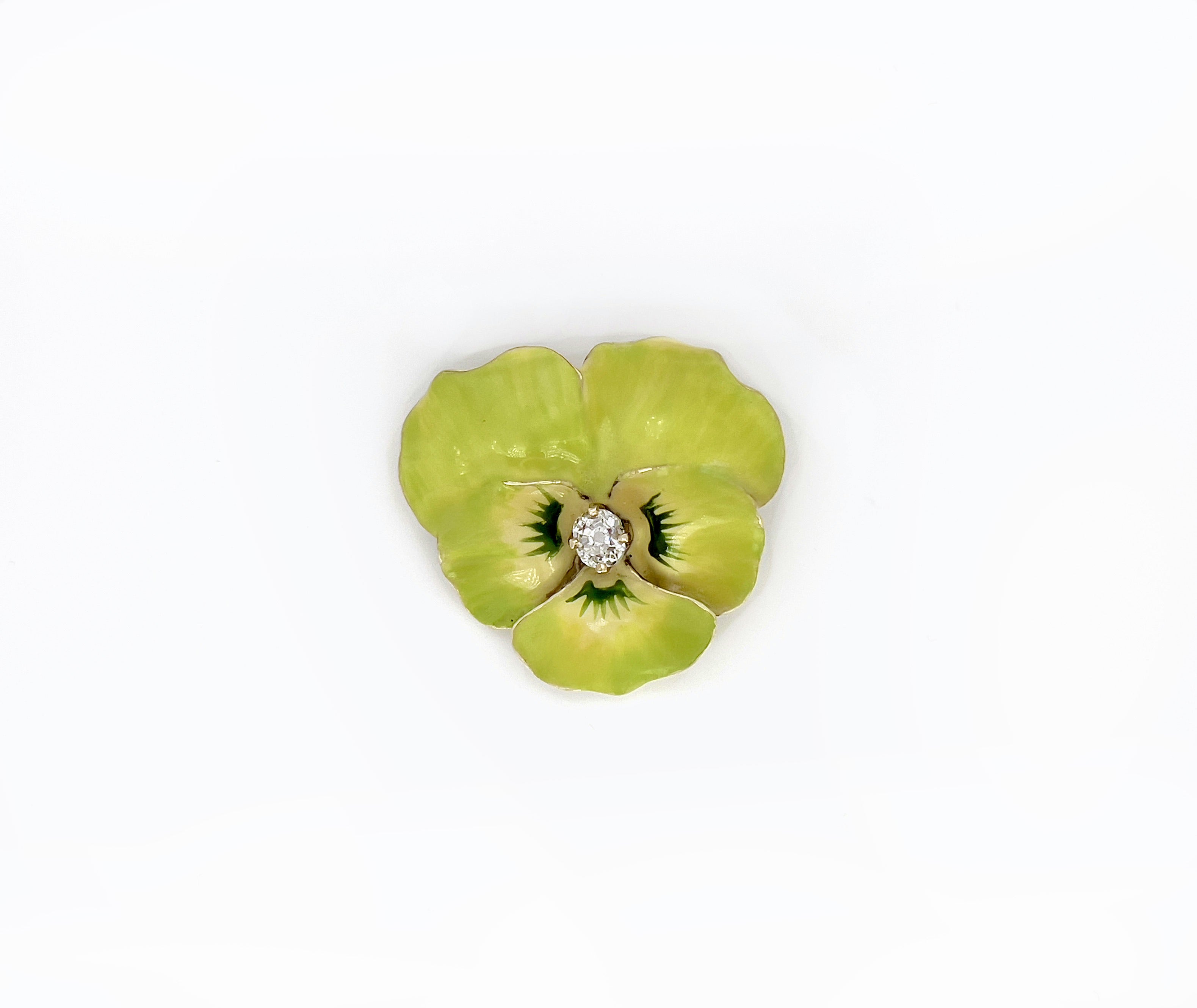 Victorian Lime Green Pansy Brooch, Pendant, Antique, 14K