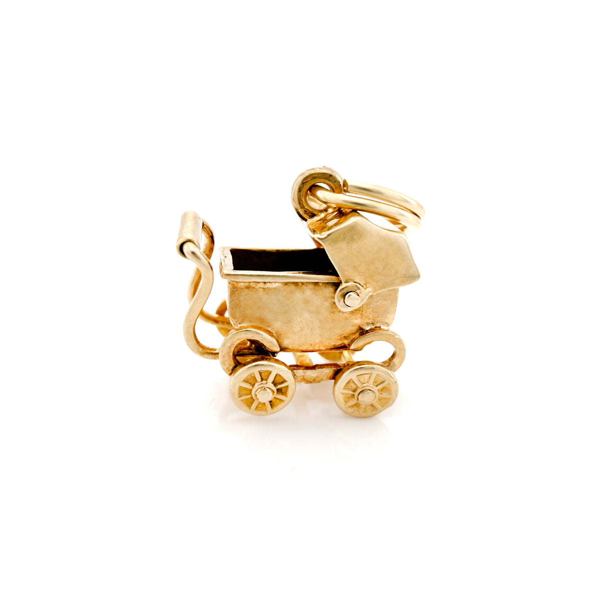 A gold baby stroller charm with a textured finish, shown on a clean white background.