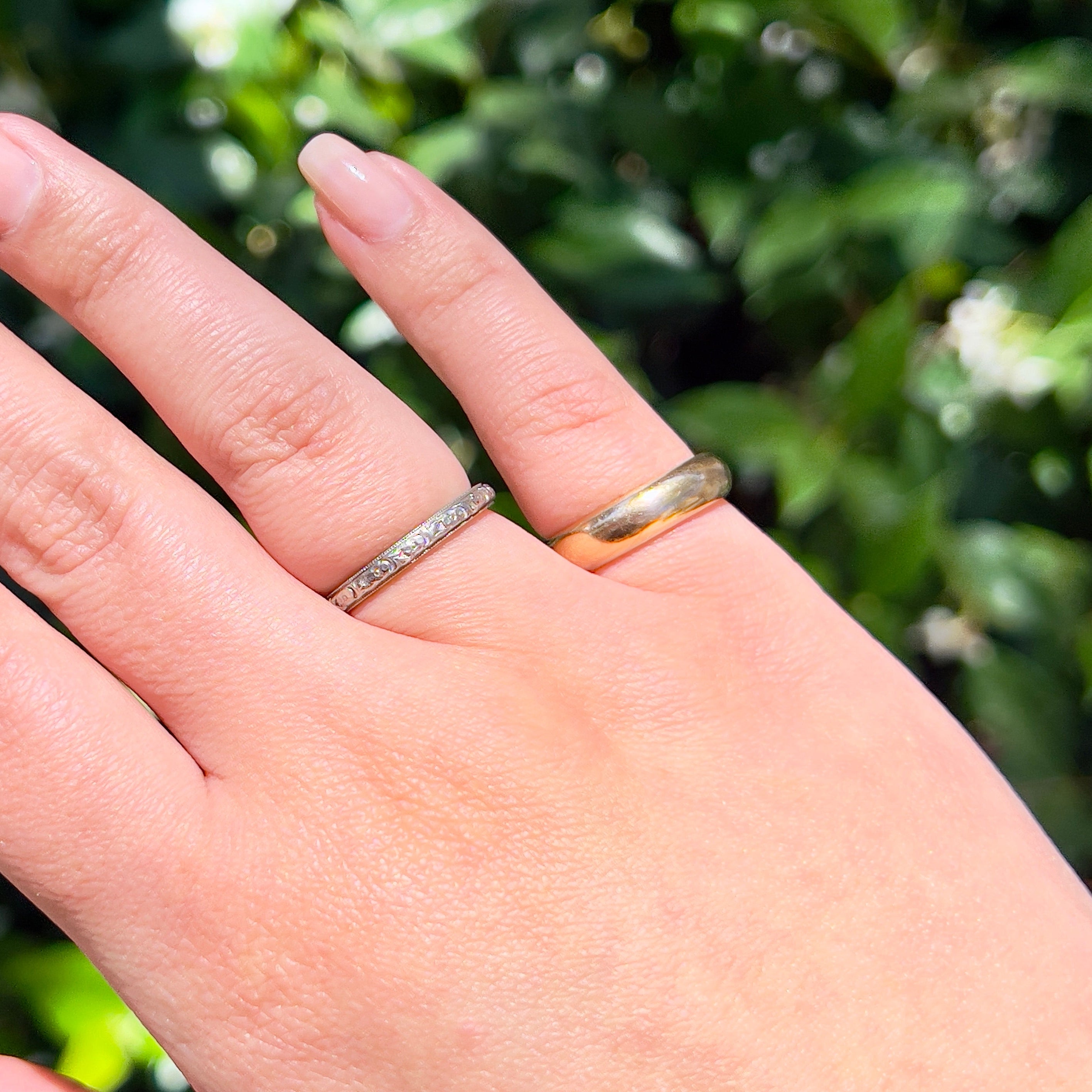 Silver and gold rings on a hand with green background.