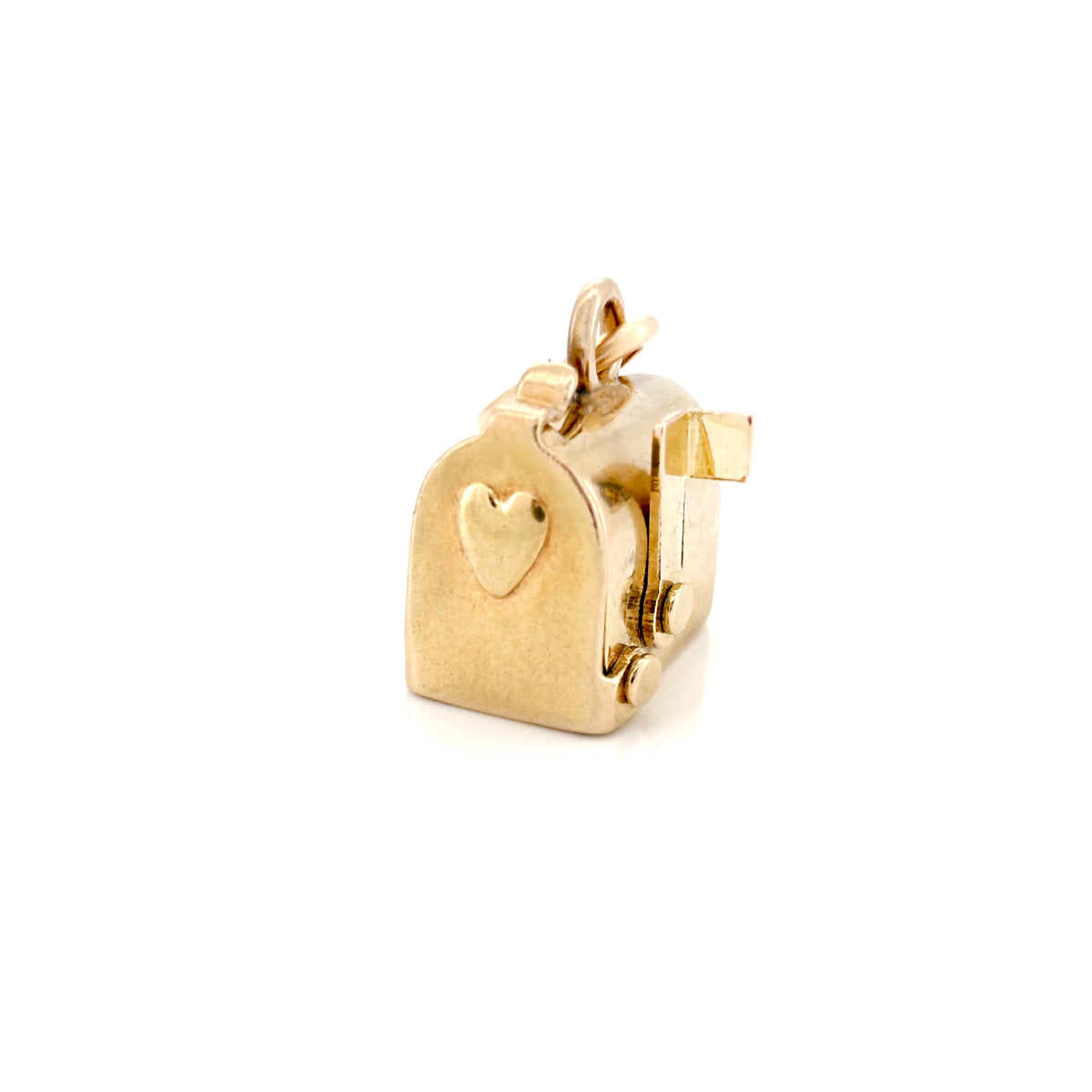 A vintage mailbox charm with a heart detail on the front, shown on a plain white background.