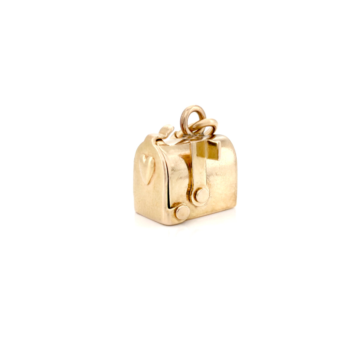 A small gold charm shaped like a vintage mailbox, featuring a heart on the side and a top loop for attachment, shown on a plain white background.