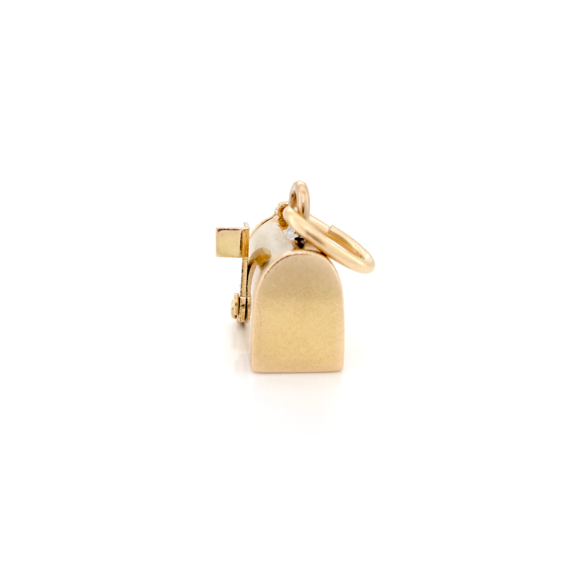 A small gold mailbox charm pendant with a key ring attachment, shown on a plain white background.