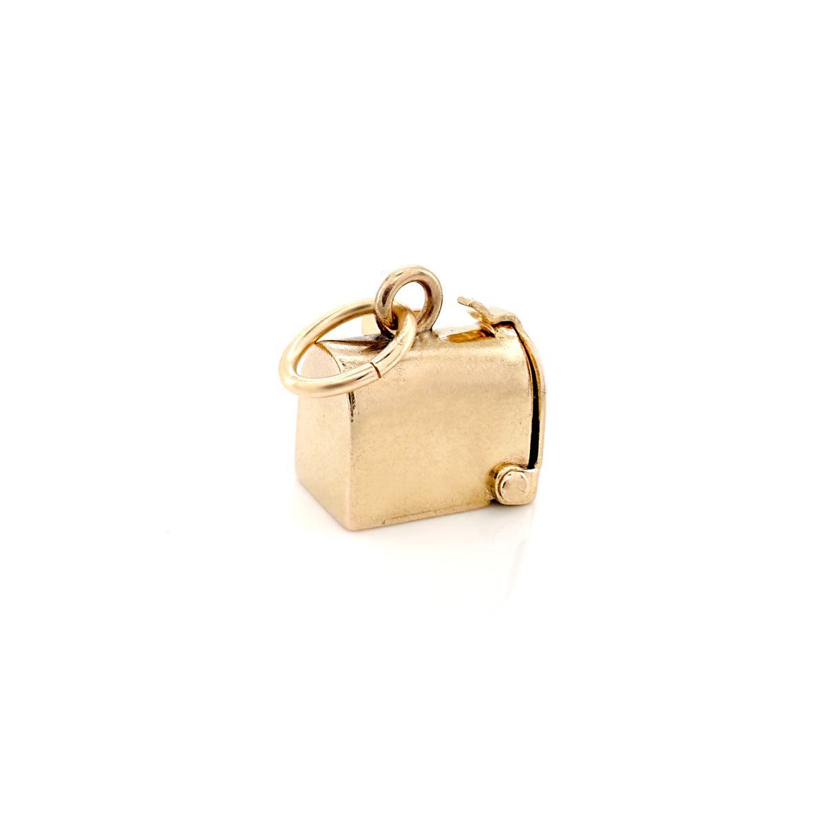 A small gold charm shaped like a mini mailbox with a split ring, photographed on a clean white background.