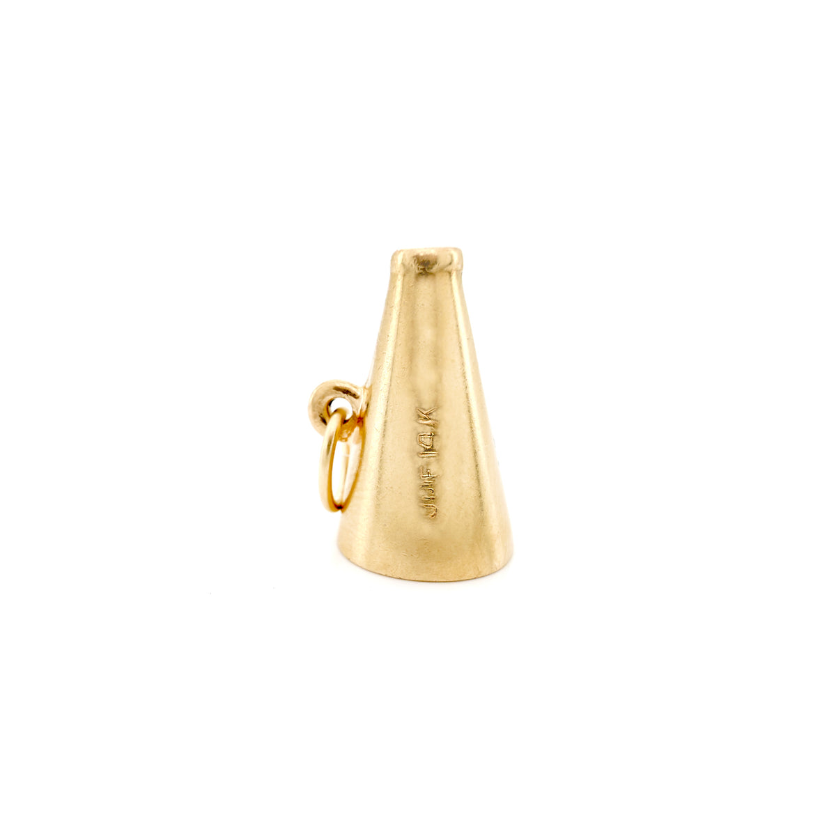 A megaphone charm with a small attached ring, and a 'JMF 14K' stamp, on a plain white background.