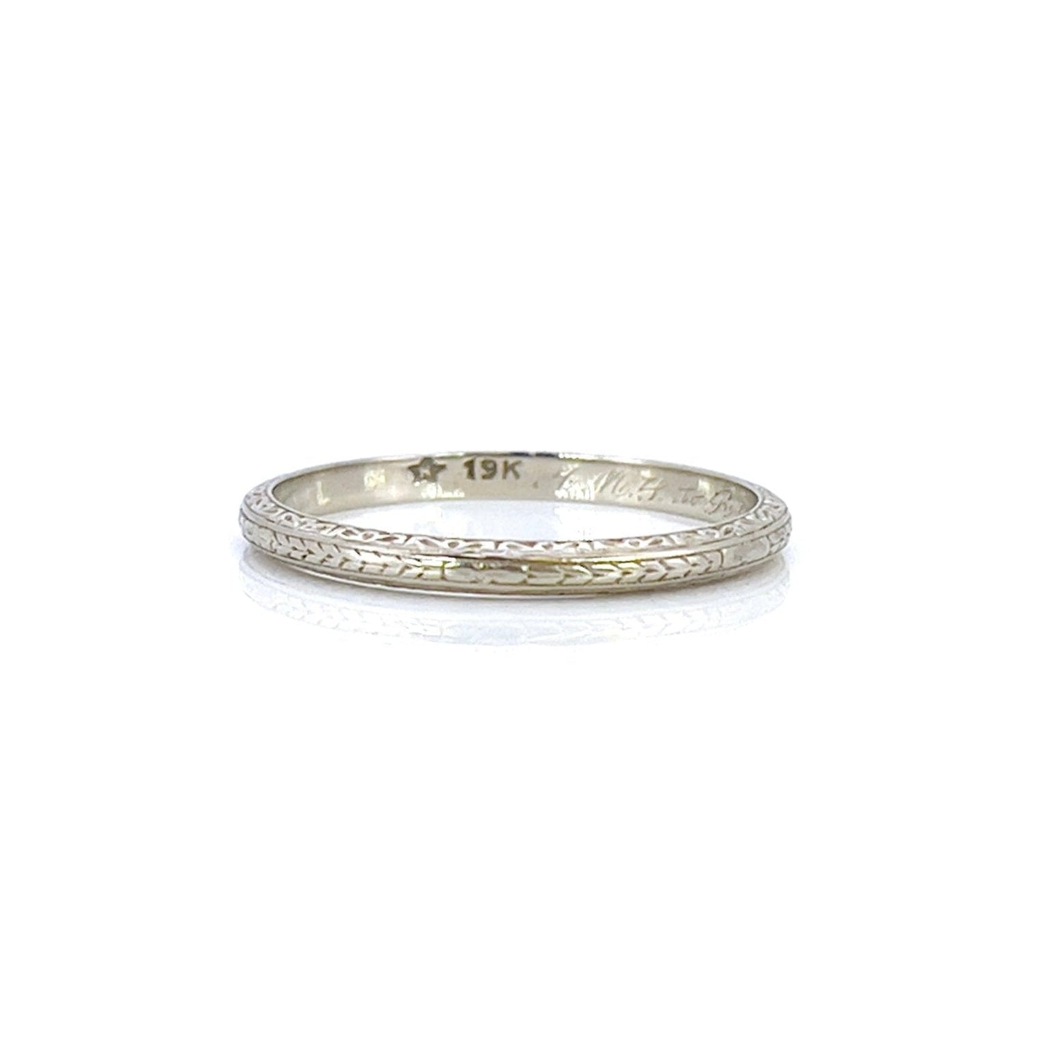 Art Deco Wedding Band, A.M.L. to R.G.P 1929, Size 9.75, 19K