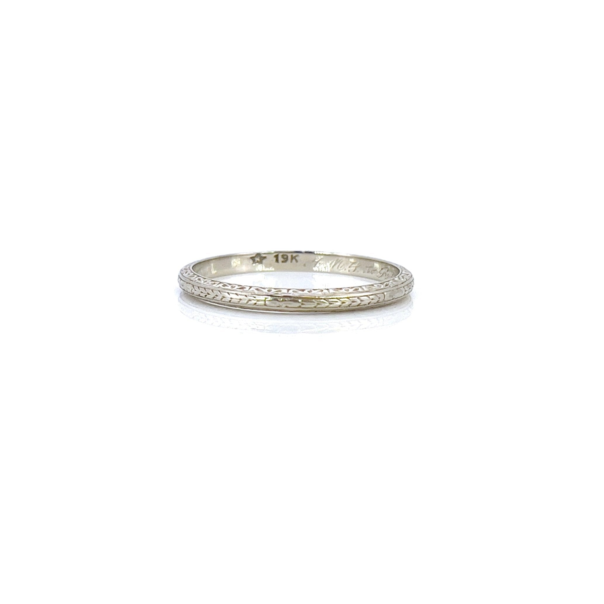 Art Deco Wedding Band, A.M.L. to R.G.P 1929, Size 9.75, 19K