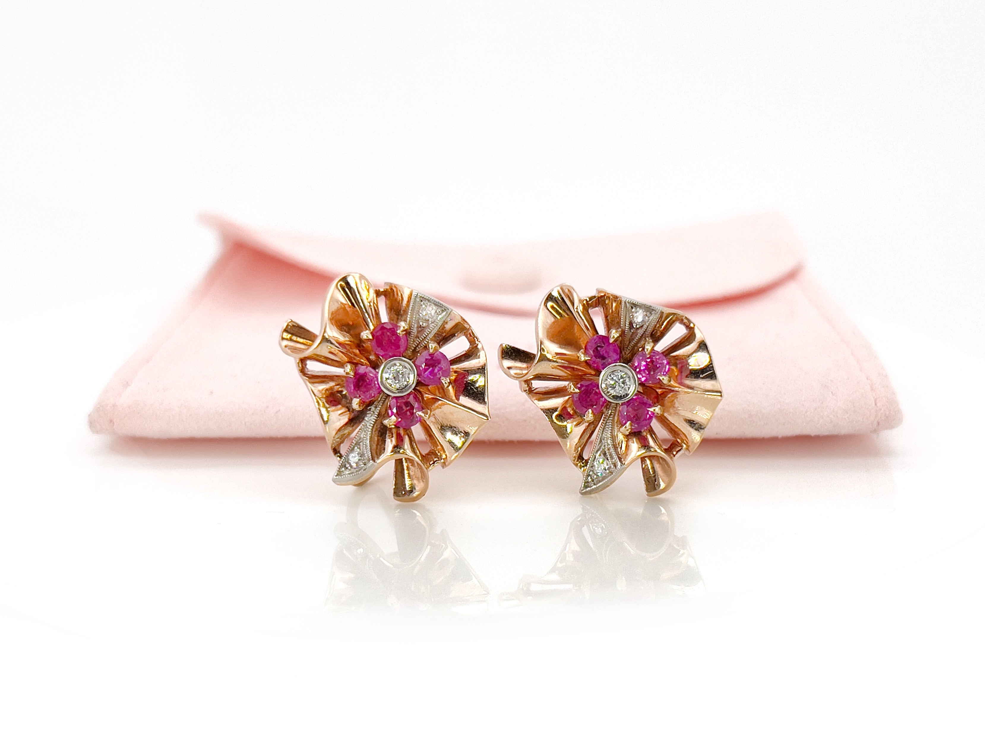 Vintage Retro Old European Cut Diamond and Ruby Screw Back Earrings, 14K