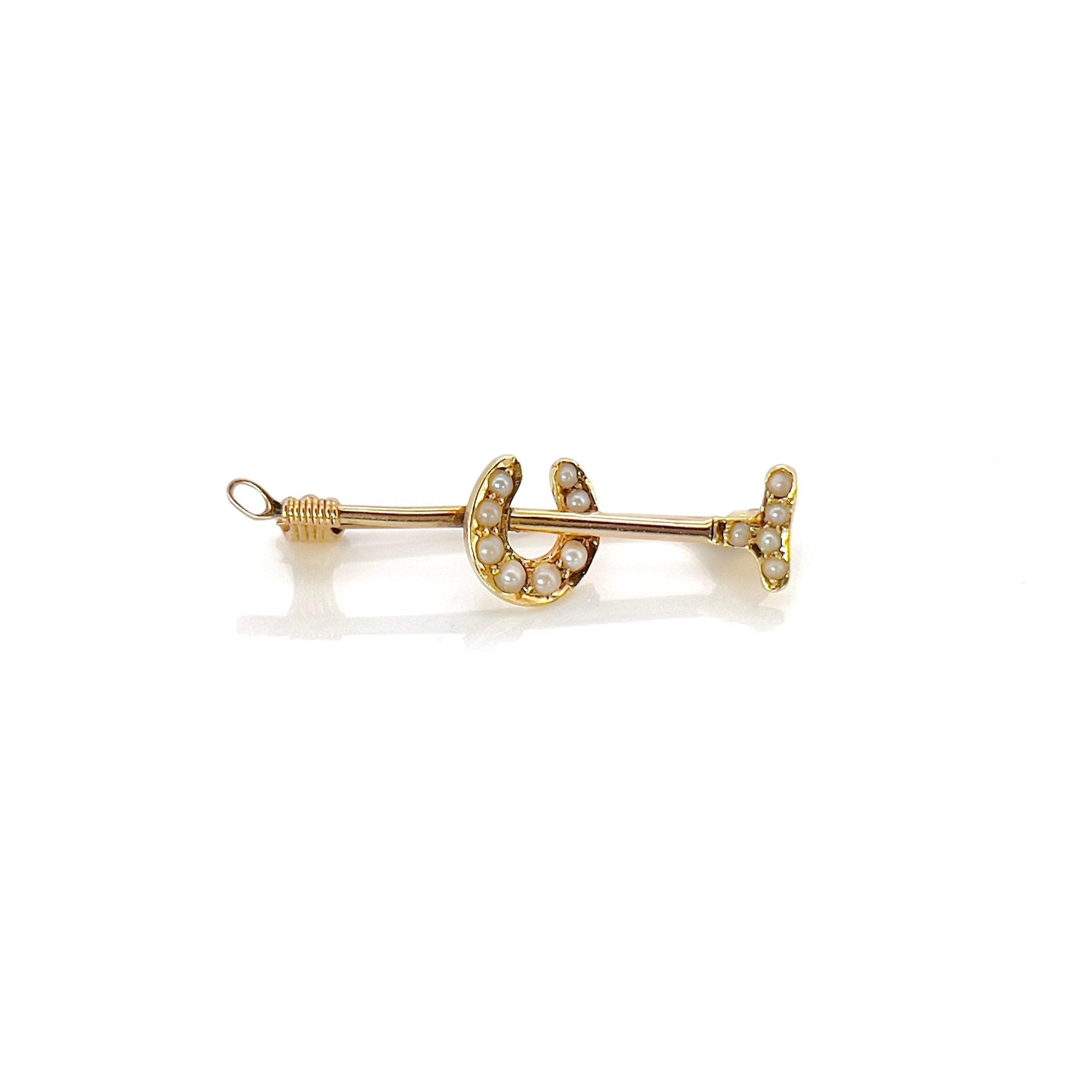 Victorian Polo Mallet and Horseshoe Pearl Brooch, Antique, 15K