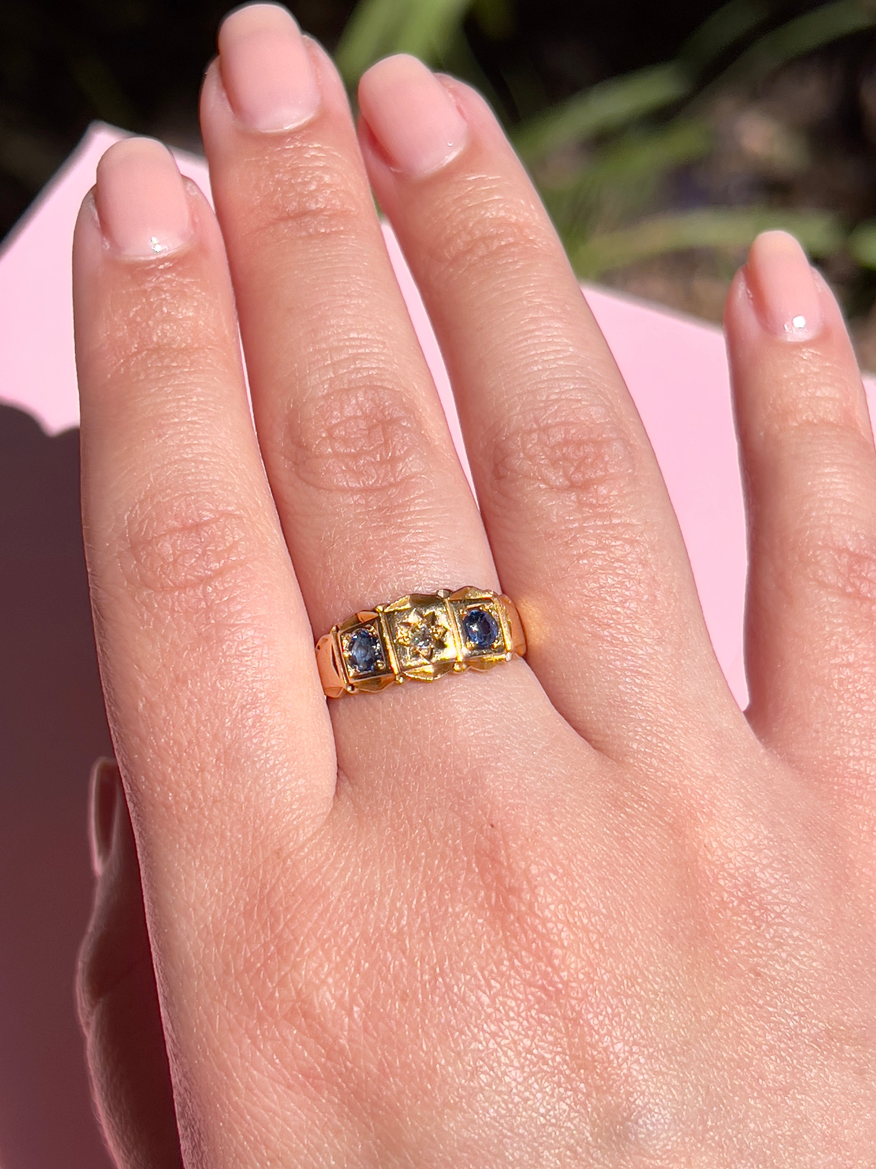 Edwardian 18K Sapphire & Old Mine Cut Diamond Celestial Star Ring, Size 7, Chester 1901